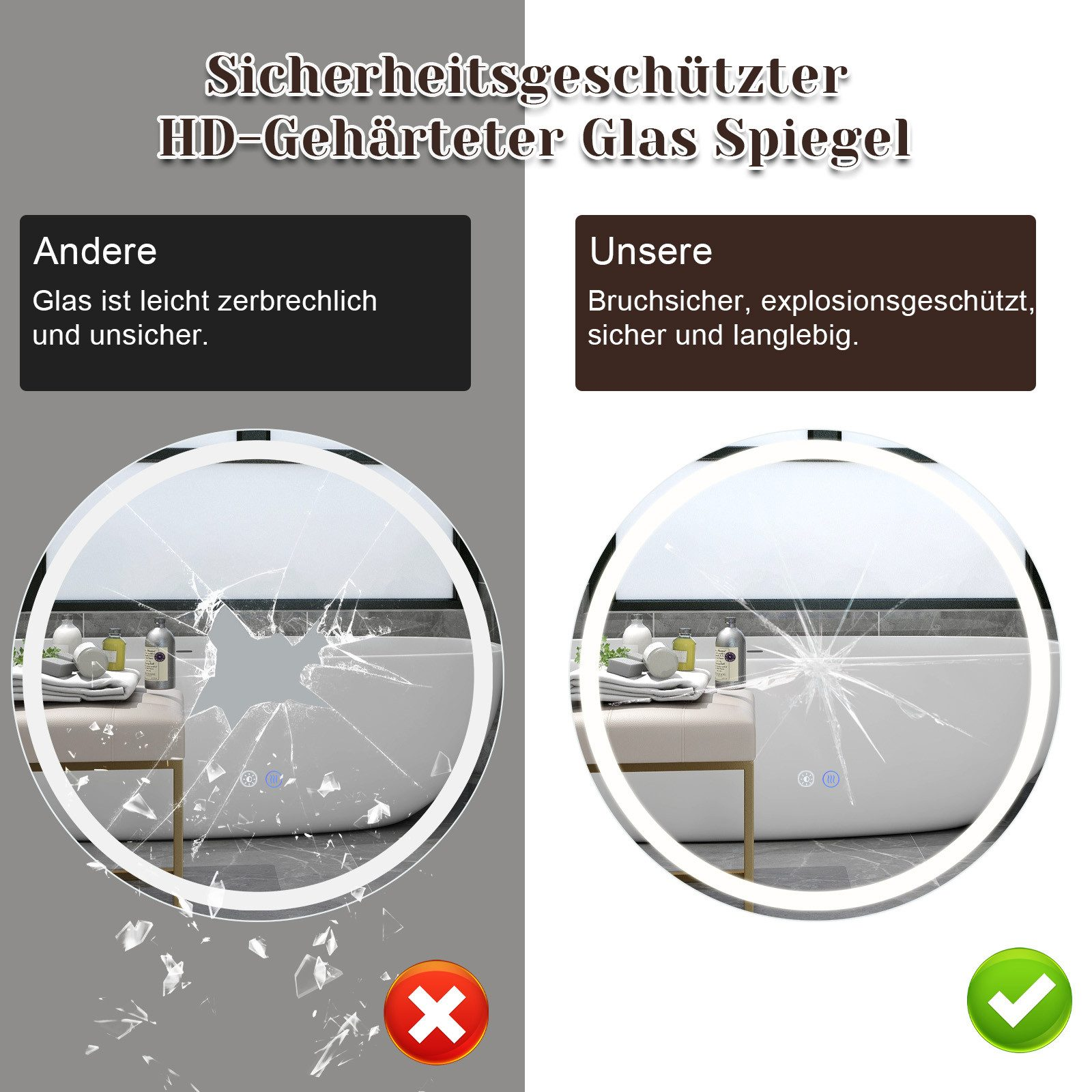 Obraz porównujący potłuczone szkło ze szkłem bezpiecznym z tekstem w języku niemieckim. Białe tło.
