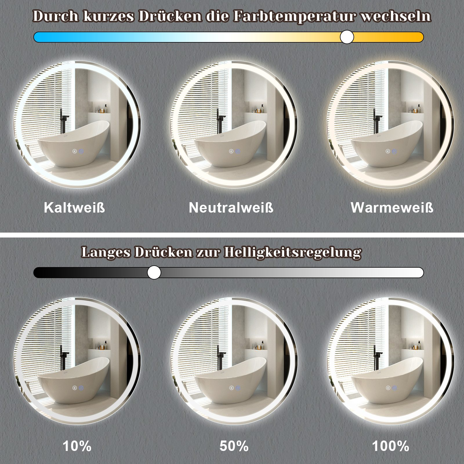 Trzy lustra pokazujące różne temperatury światła. Każde ma wannę.