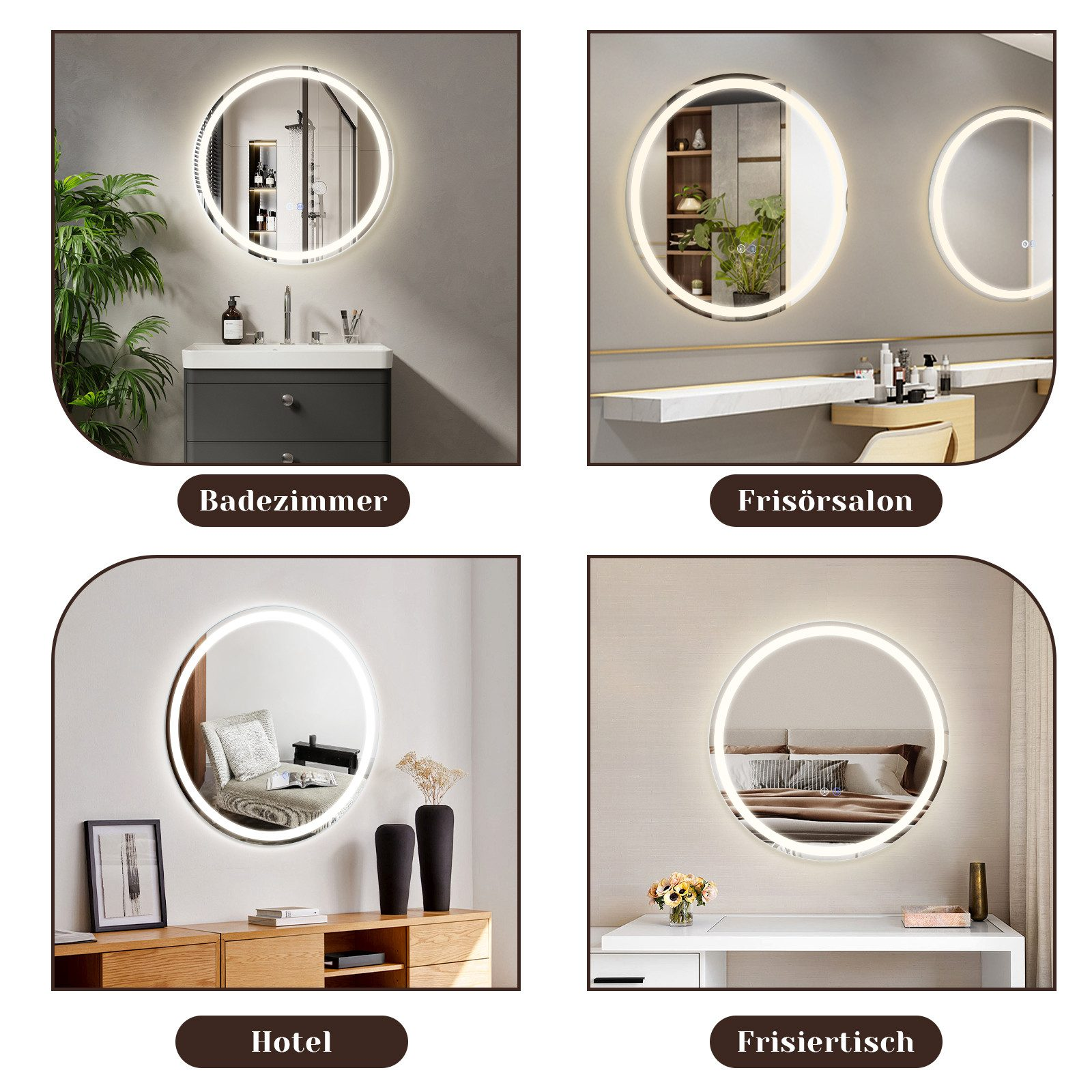 Cztery obrazy okrągłych, podświetlanych luster w różnych ustawieniach: łazienka, salon fryzjerski, hotel i toaletka.