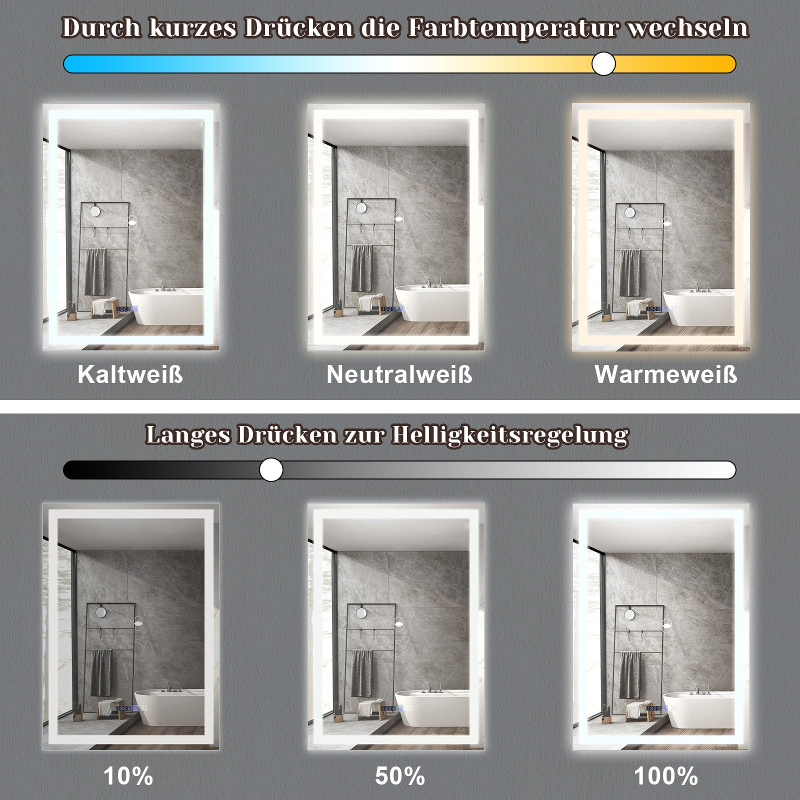 Trzy podświetlane lustra łazienkowe z regulowanymi temperaturami barwowymi i poziomami jasności.