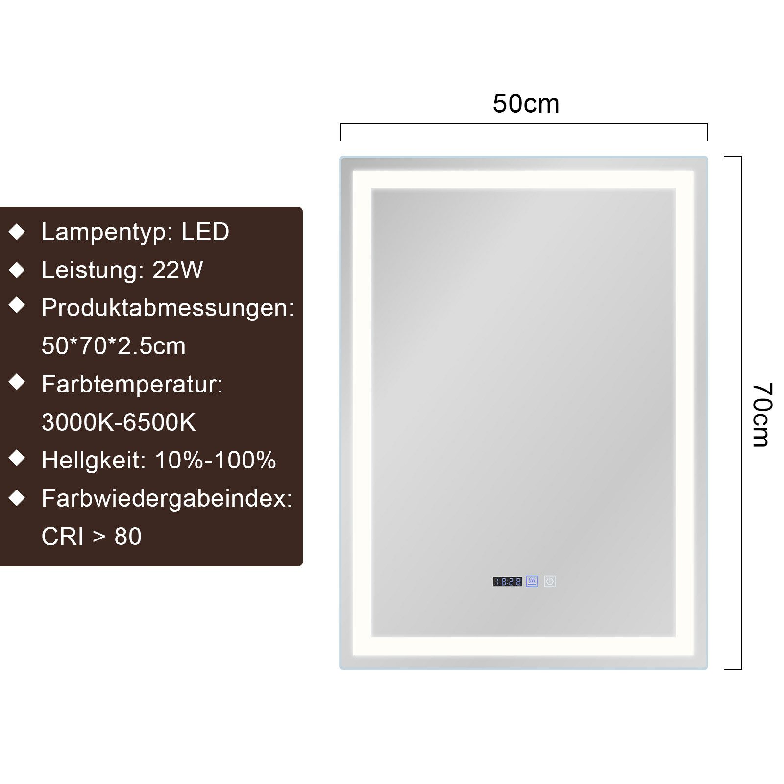 Prostokątne lustro ze światłami LED i wymiarami wymienionymi z tekstem.