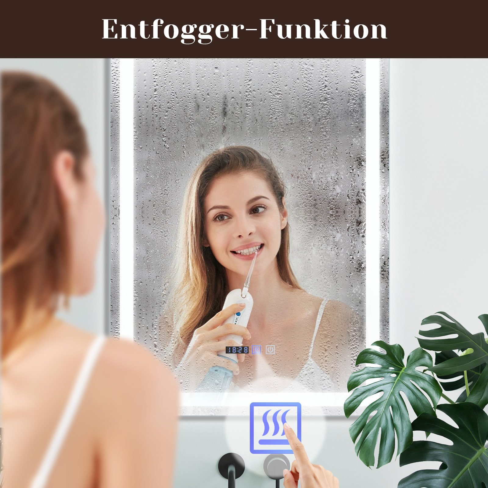 Kobieta w łazience patrząca w lustro, używająca irygatora do jamy ustnej.