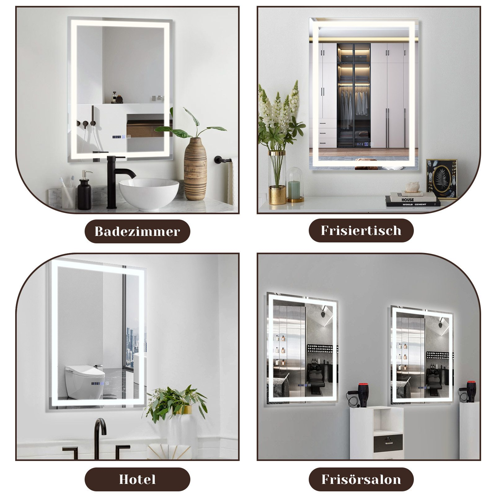 Vier Bilder von beleuchteten Spiegeln in verschiedenen Umgebungen: Bad, Frisiertisch, Hotel und Friseursalon.