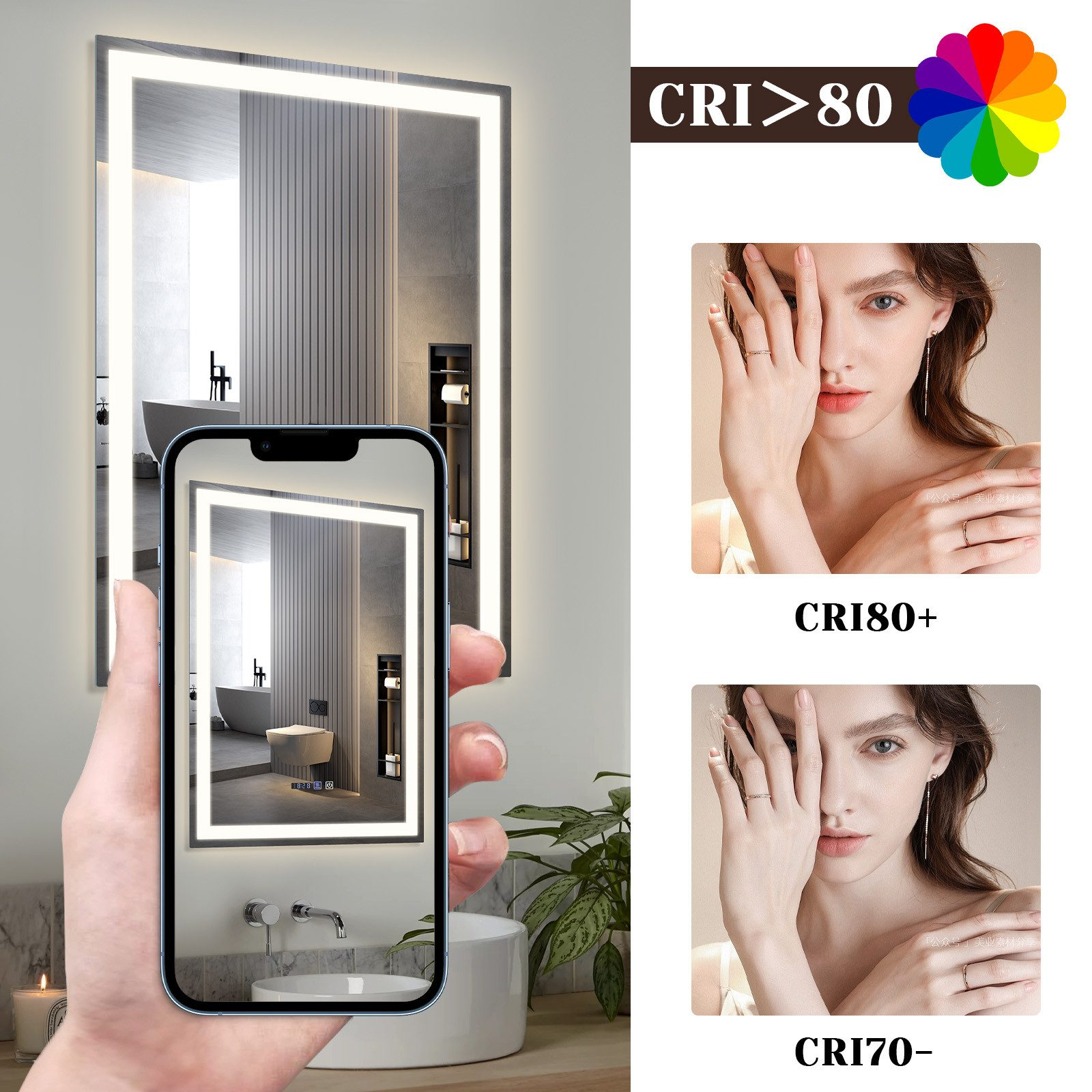 Podświetlane lustro, telefon z odbiciem w lustrze i twarz kobiety.