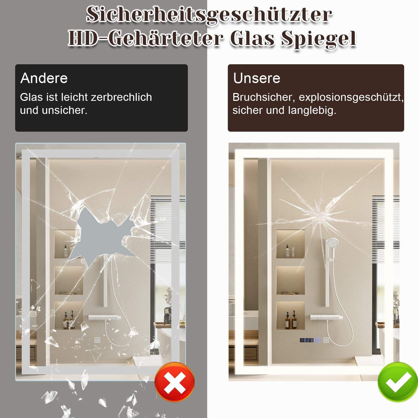 Dwa lustra pokazujące rozbite i nieuszkodzone szkło, z tekstem.