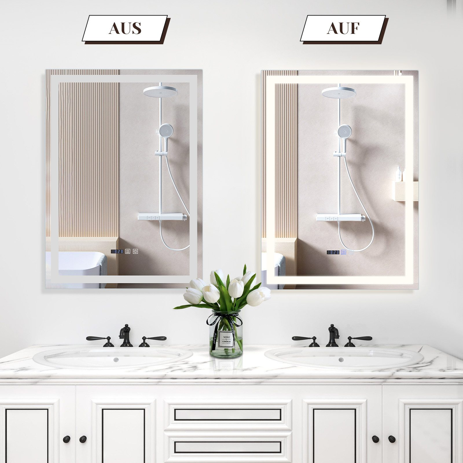 Zwei Spiegel mit einem Waschbecken. Ein Spiegel ist ausgeschaltet, der andere ist mit Licht an. Weiße Blumen in einer Vase.