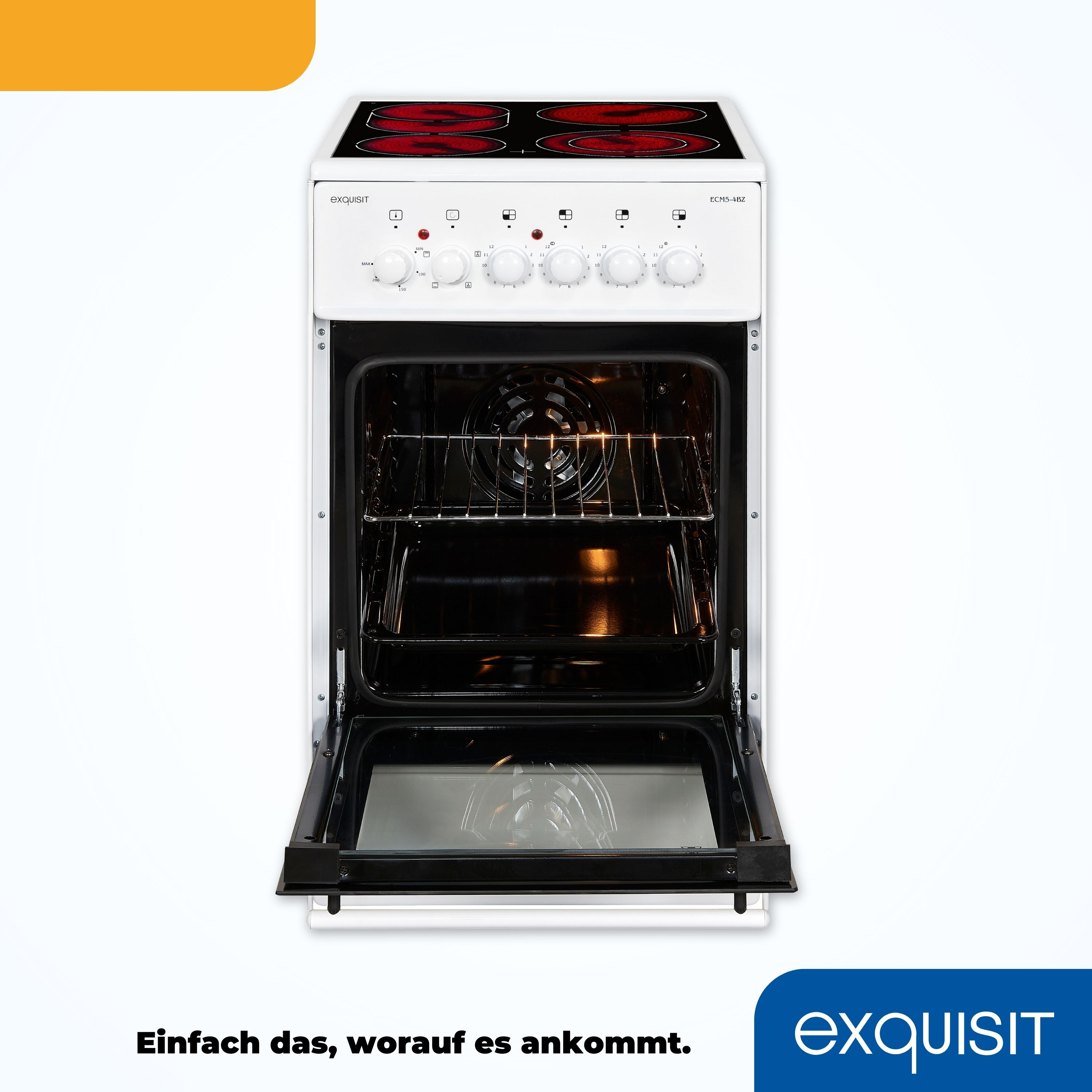 Ein weißer Elektroherd mit vier roten Kochfeldern und geöffneter Backofentür.