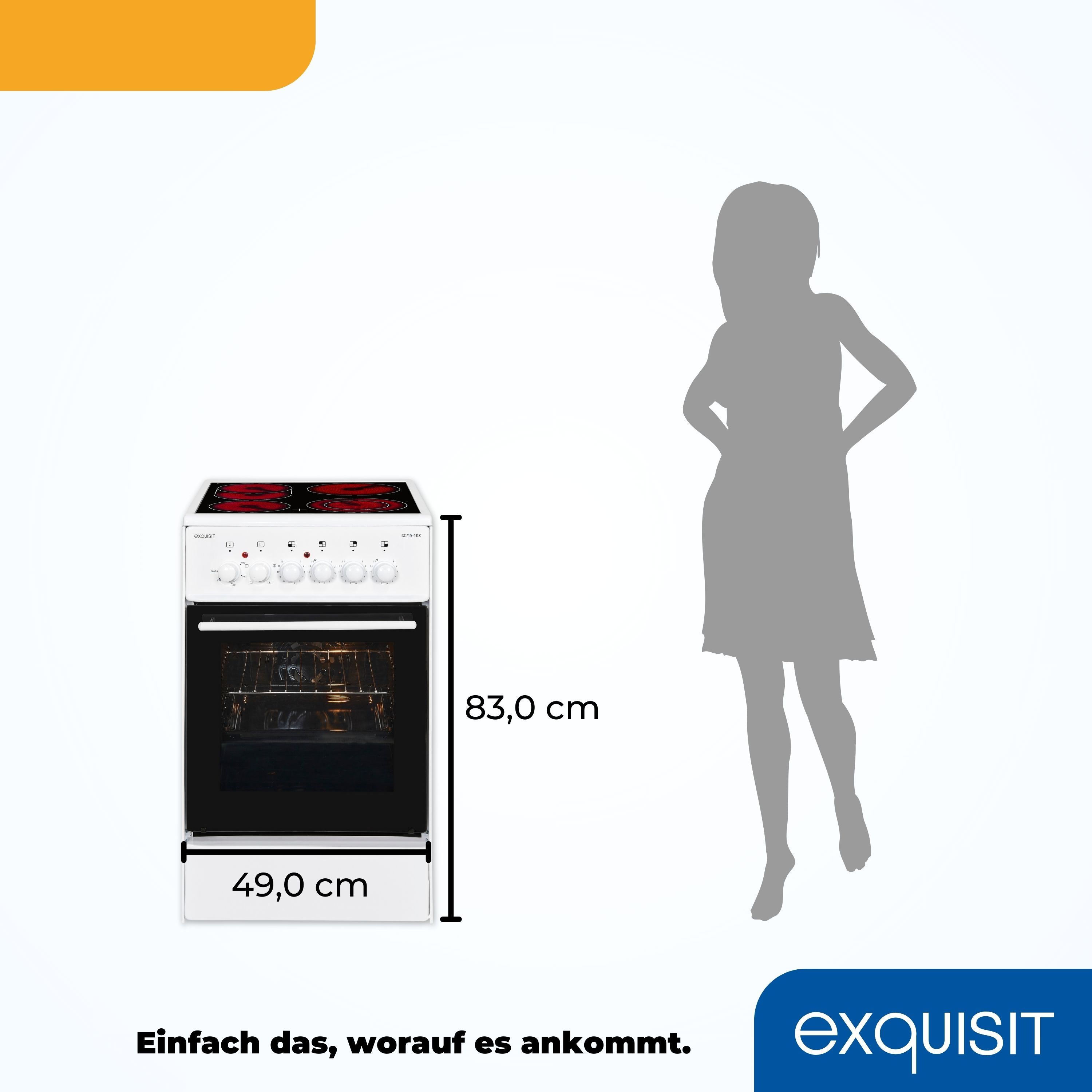 Weißer Ofen mit schwarzer Tür, rote Brenner. Eine Frau Silhouette steht daneben.