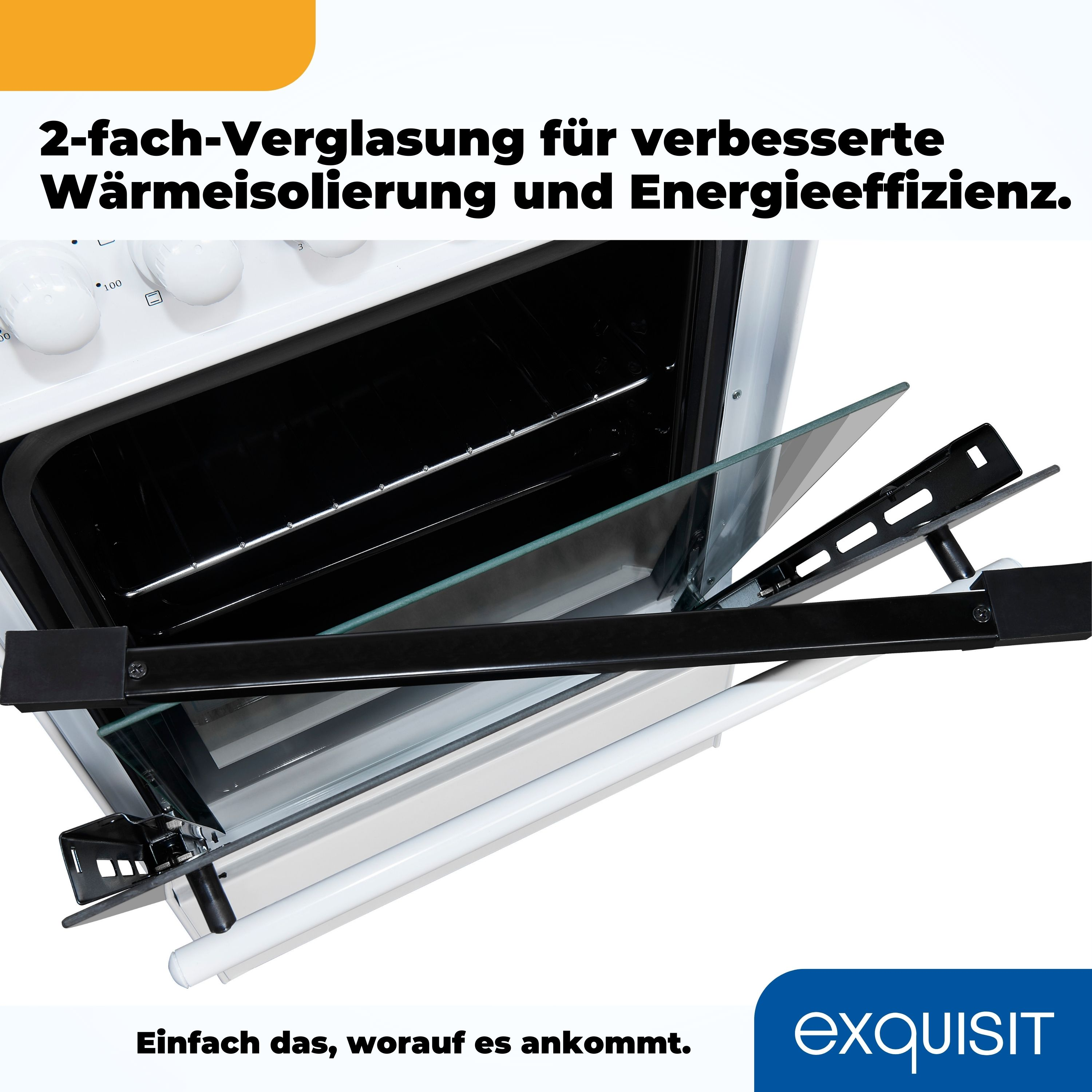 Weißer Ofen mit Glastüren und Text über Energieeffizienz. Schwarz-Weiß-Akzente.
