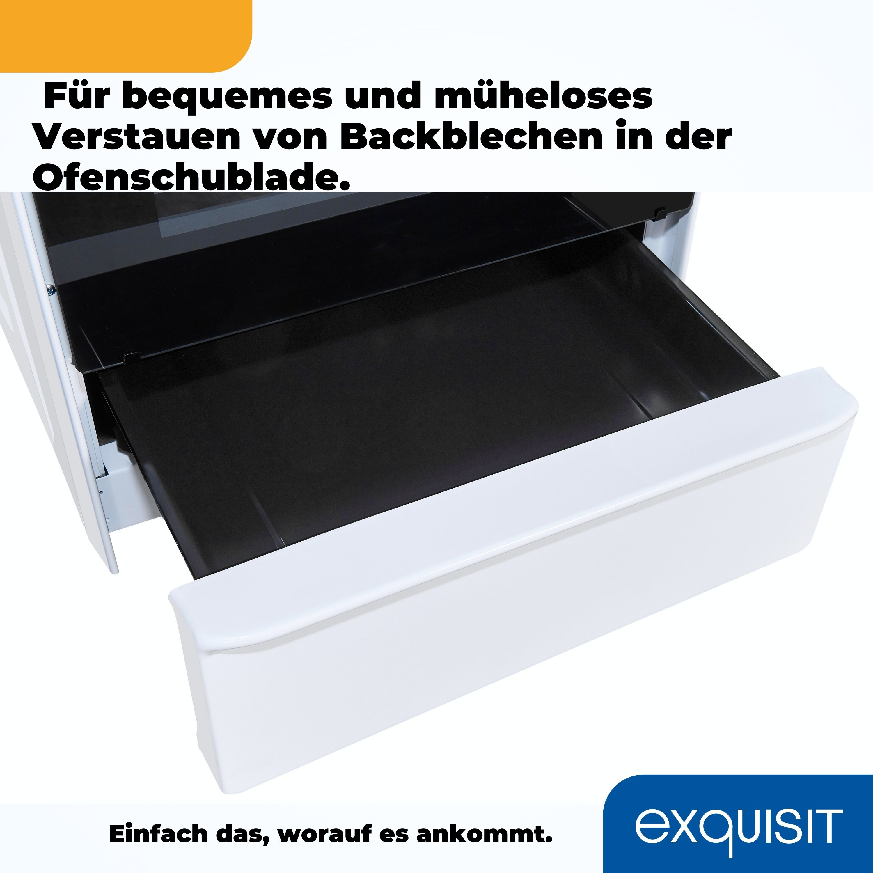 Weiße Ofenschublade geöffnet, wodurch ein schwarzer Innenraum sichtbar wird. Text: 'exquisit' unten rechts.
