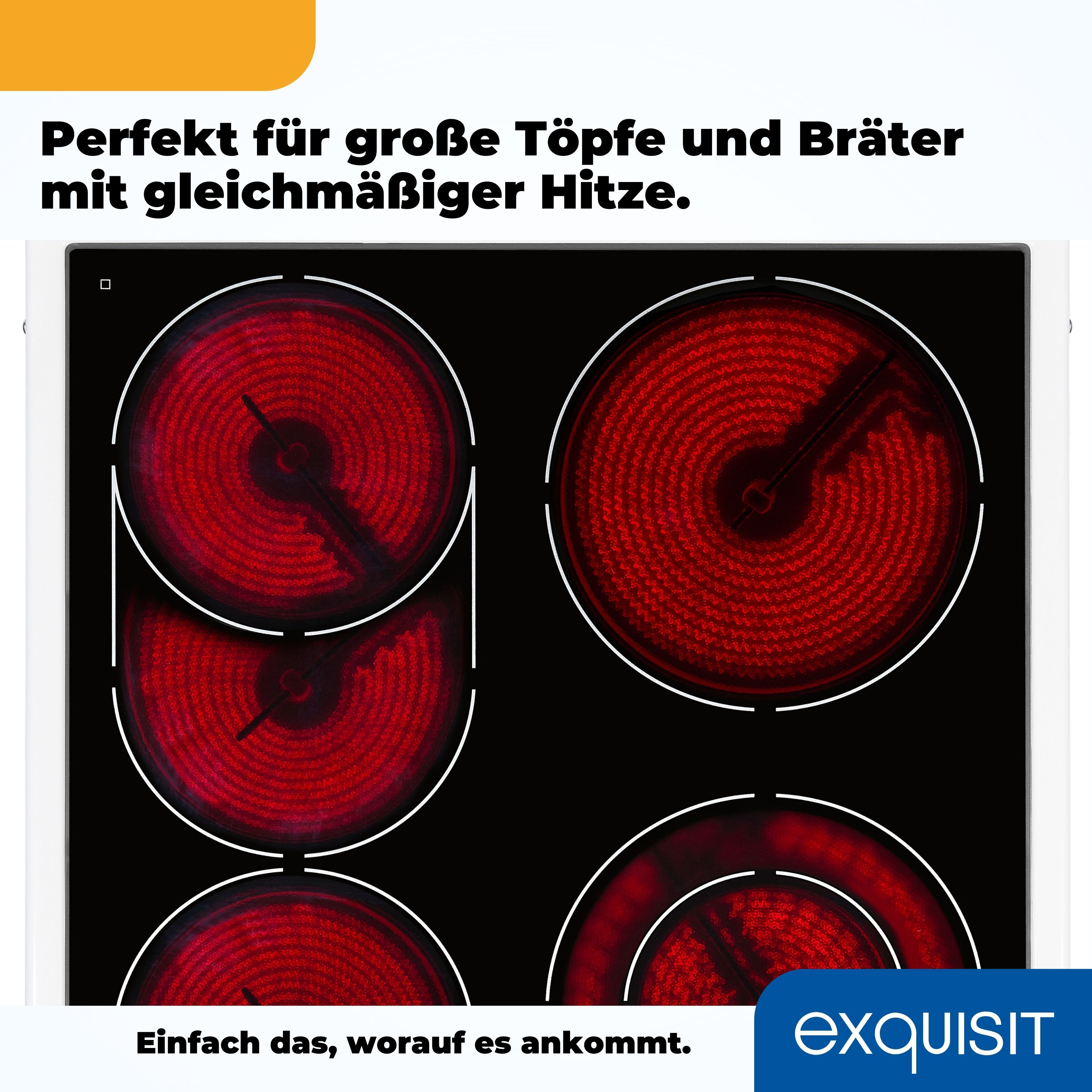 Elektroherd mit roten Heizschlangen, schwarzer Oberfläche und weißen Rändern.