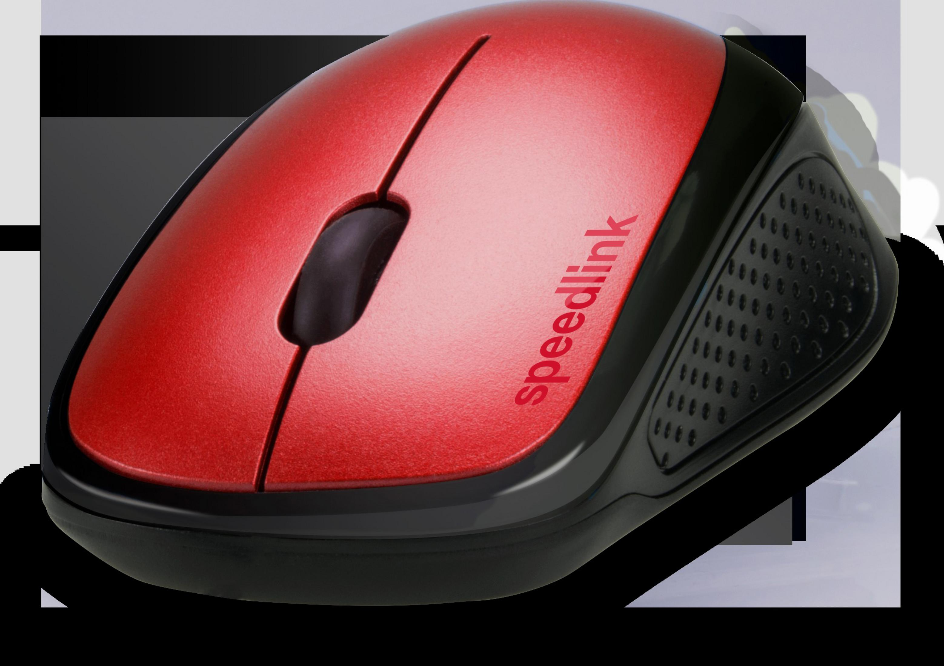 Czerwono-czarna mysz komputerowa. Słowo speedlink jest napisane na górnej powierzchni. Ma kółko przewijania.