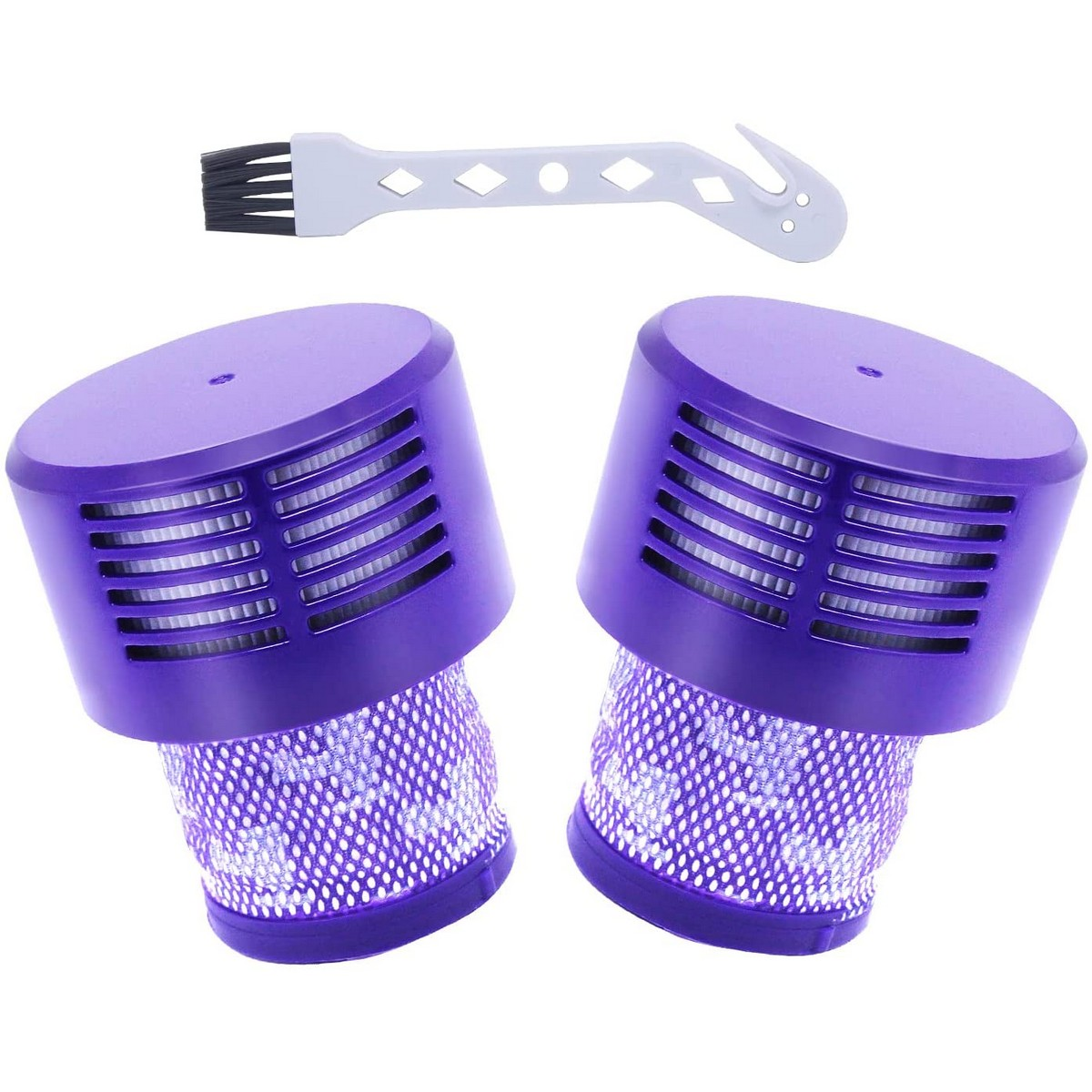 Zwei violette Dyson-Staubsaugerfilter mit Reinigungswerkzeugen.