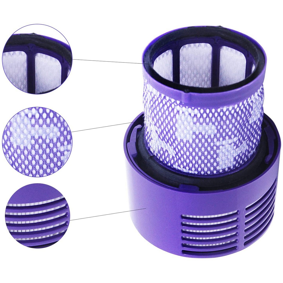 Lila Staubsaugerfilter mit Detailaufnahmen, die Mesh- und Lüfterdetails zeigen.