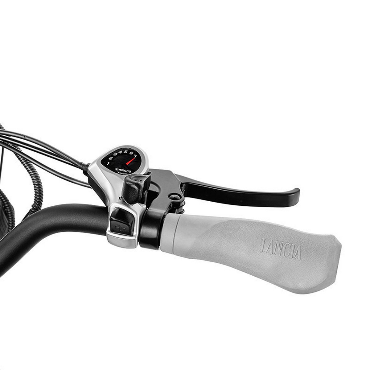 Kierownica roweru ze wskaźnikiem biegów i dźwignią hamulca, uchwyt z napisem LANCIA.