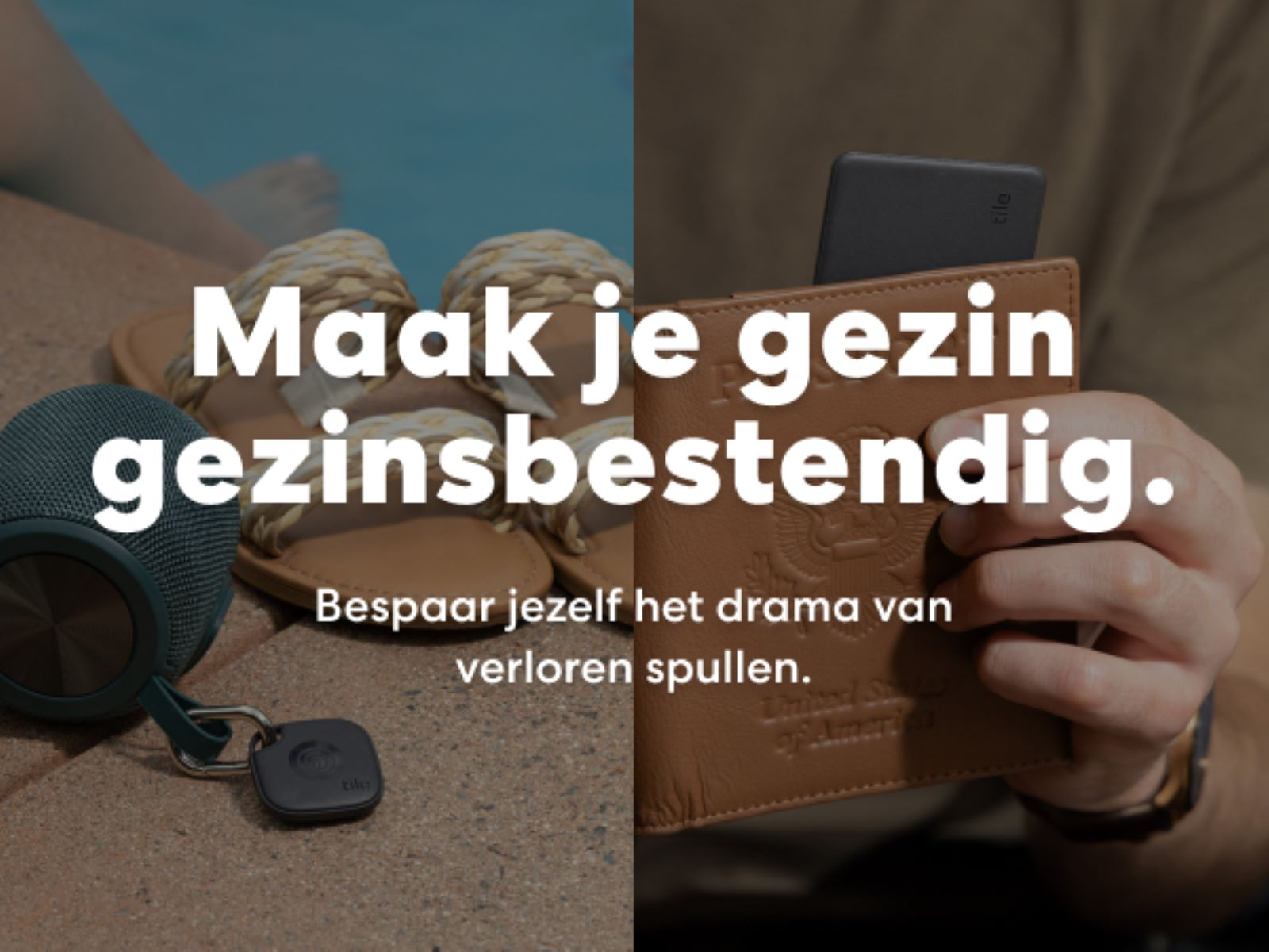 An advertisement: A passport, a wallet, a tracker, and a speaker.