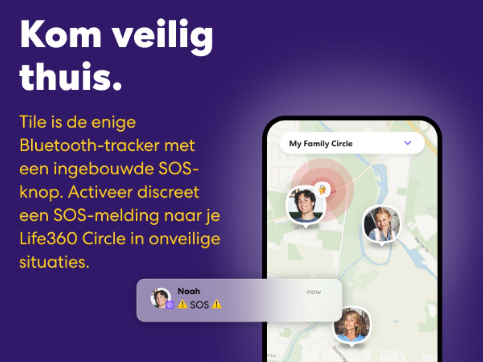 A promotional image with text and a phone showing a map with people's locations.