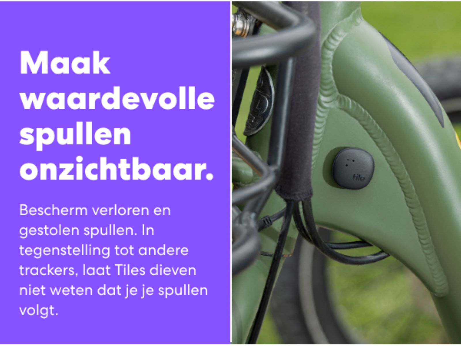 Image of a bicycle with a Tile tracker attached, with text describing how to track items.