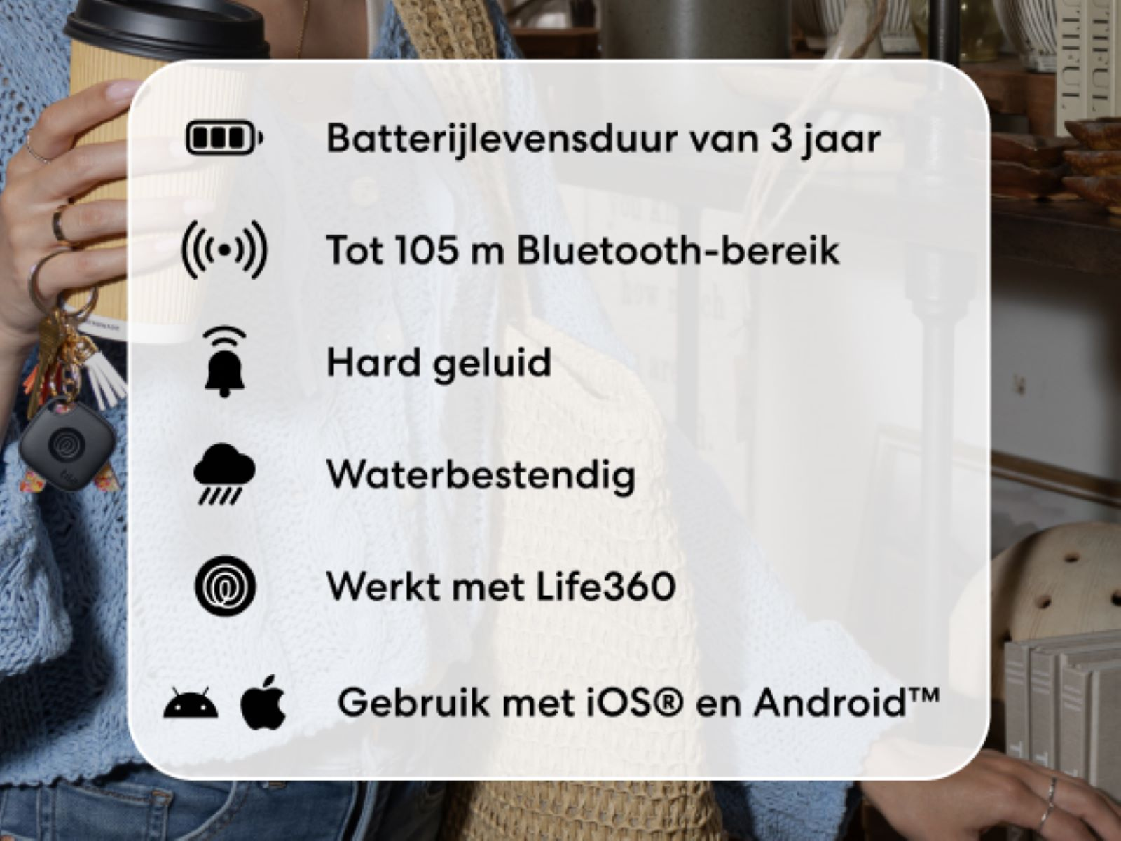 Infographic with icons and text about Tile tracker features and benefits, held by a woman.