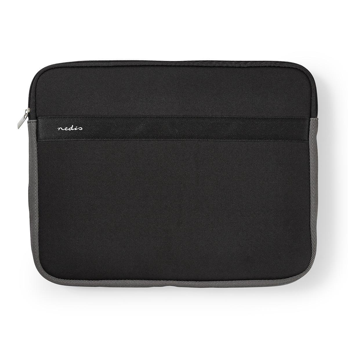 Custodia per laptop nera. Una fascia nera al centro con il logo 'nedis'. Cerniera e bordi grigi.