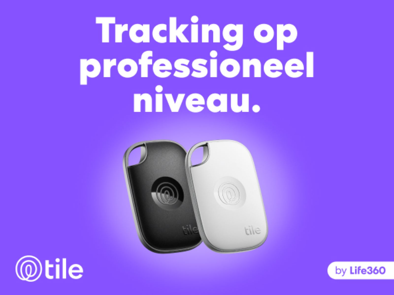 Two small tracking devices, one black and one white, on a purple background with text.