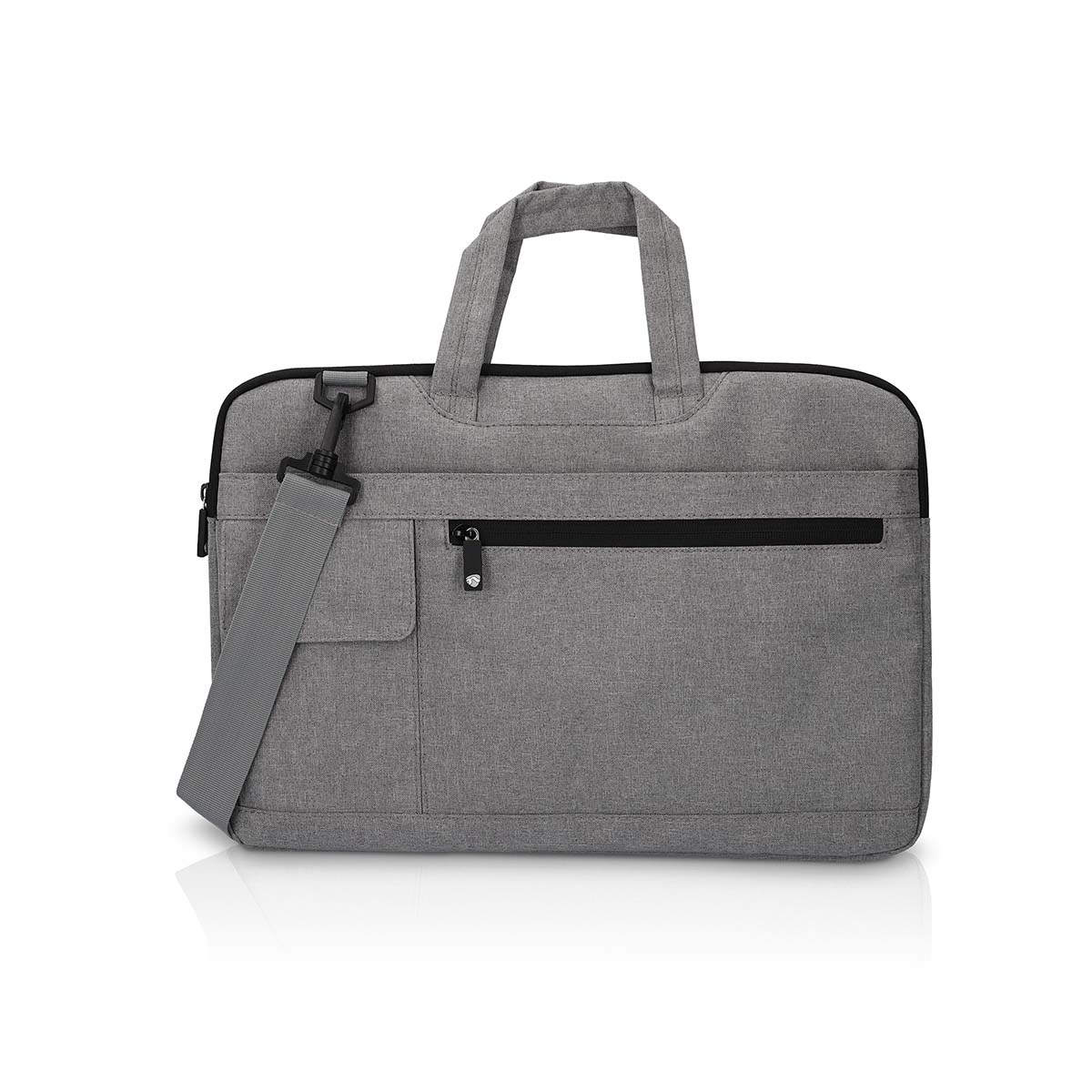 Una borsa grigia per laptop con manico e tracolla, su sfondo bianco.