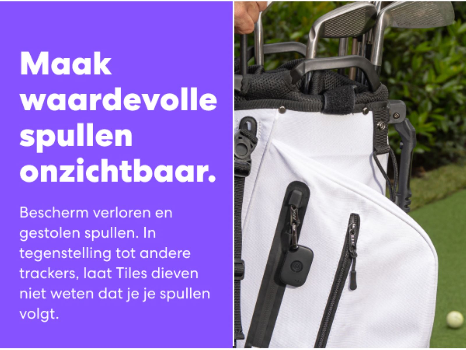 A golf bag with a tracker, text stating that it protects valuables.