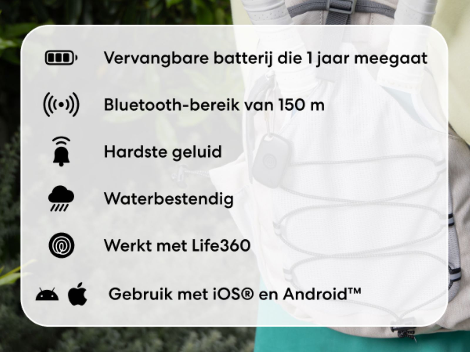Image with features of a Tile tracker: battery life, Bluetooth range, sound, water resistance.
