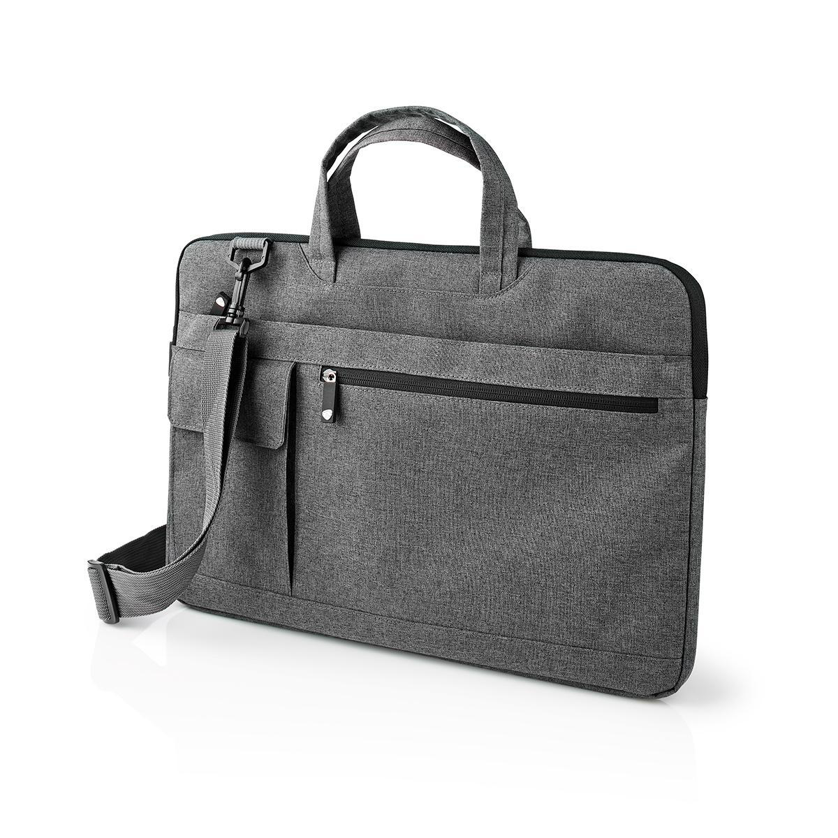 Borsa grigia per laptop con manico, tracolla e più tasche. Sfondo bianco.
