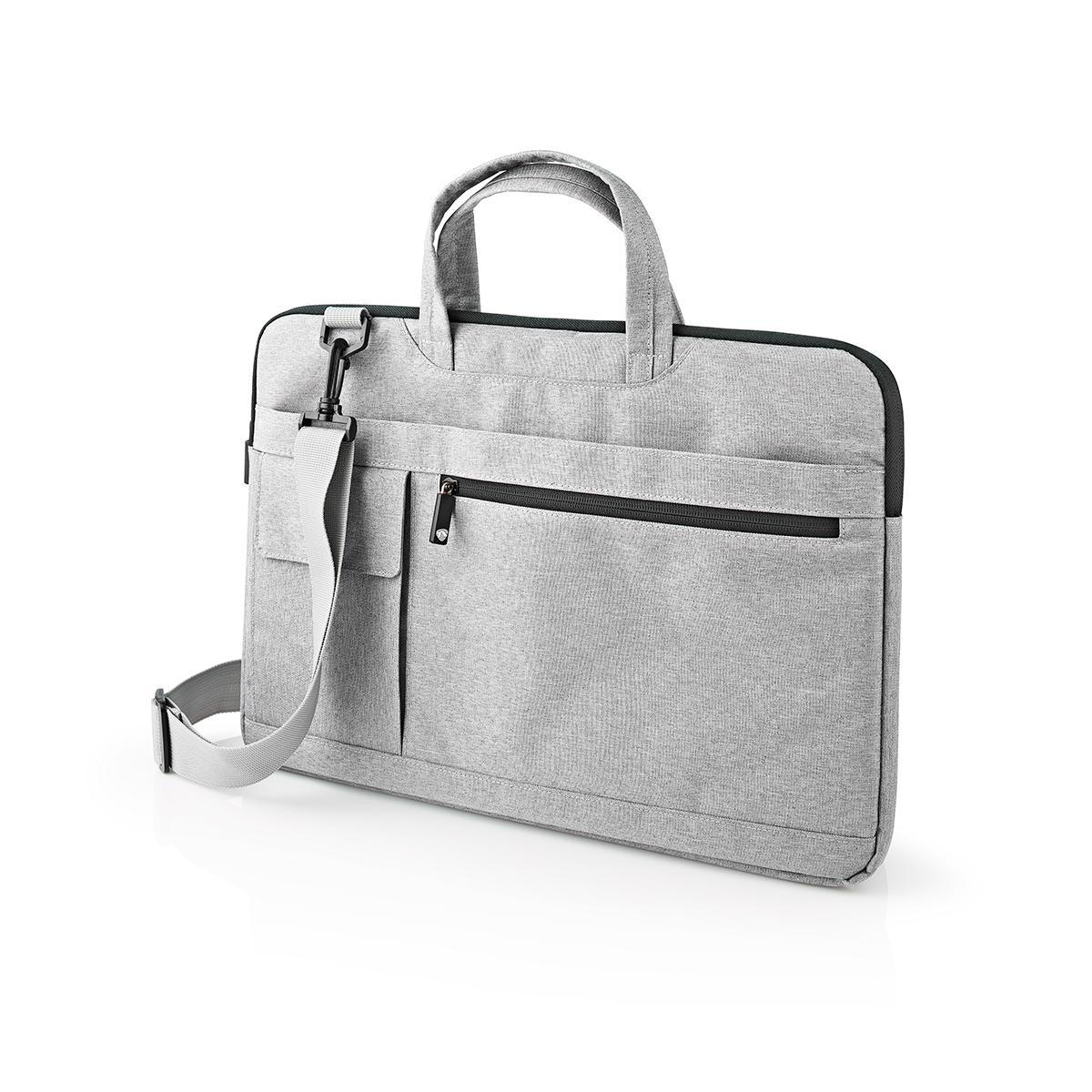 Una borsa per laptop grigio chiaro con manico, tracolla e più tasche, sfondo bianco.