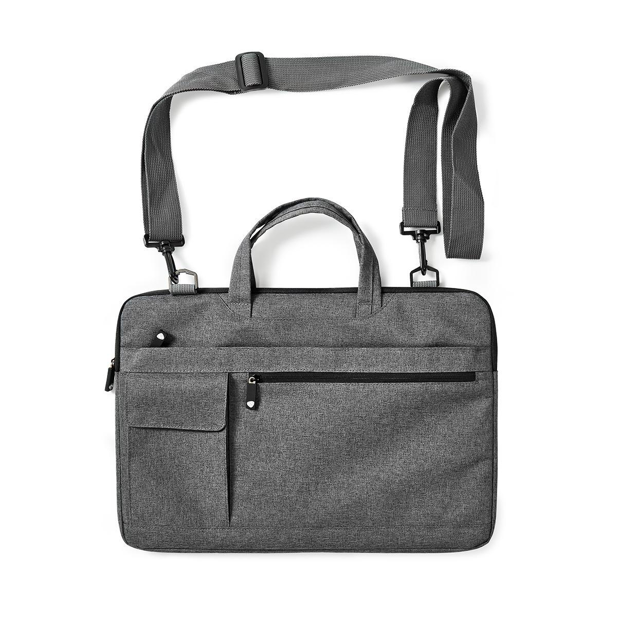 Una borsa grigia per laptop con manico, tracolla e una tasca.