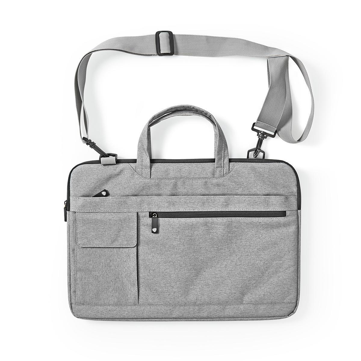 Una borsa per laptop grigia con tracolla, manici e più tasche.