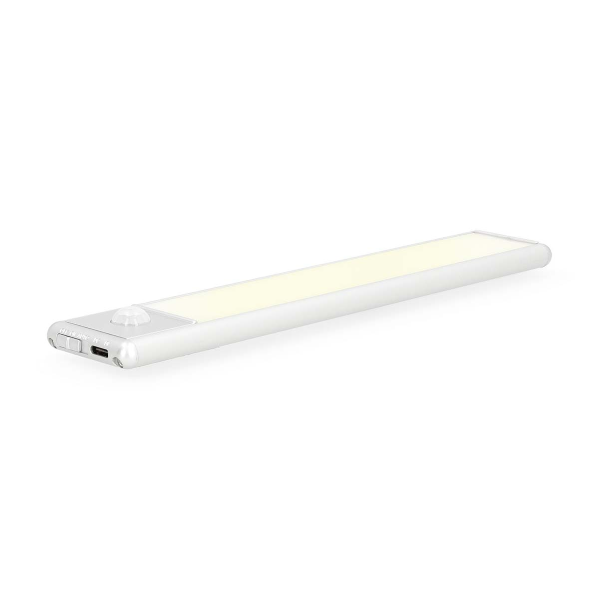 A silver LED light bar with a sensor and charging port. White background, angled view.