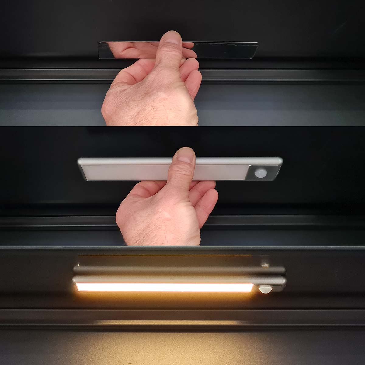 Hands installing a light bar into a cabinet. The light is off, then on.