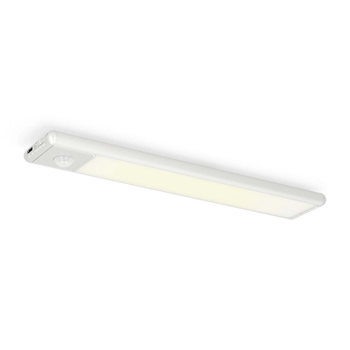 White LED light bar with motion sensor, angled slightly upwards. White background.