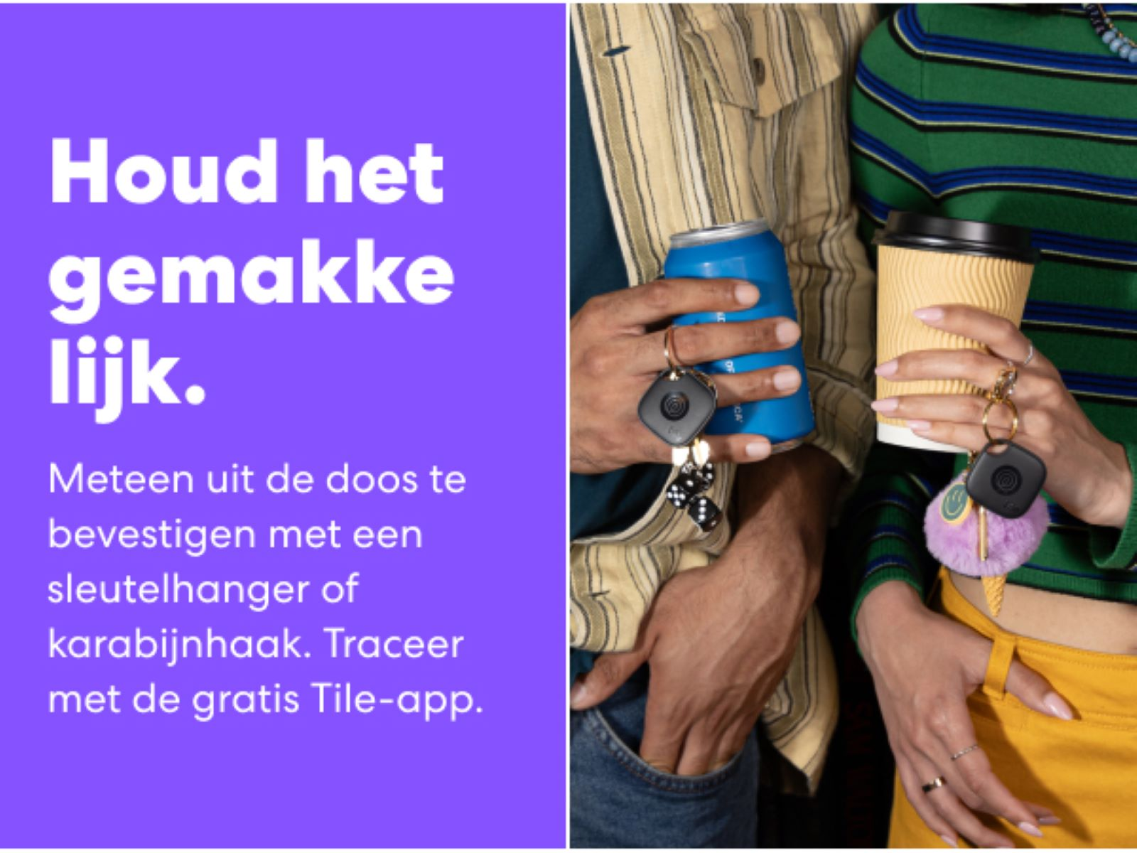 People holding items with keychains, text promoting easy attachment and tracking.