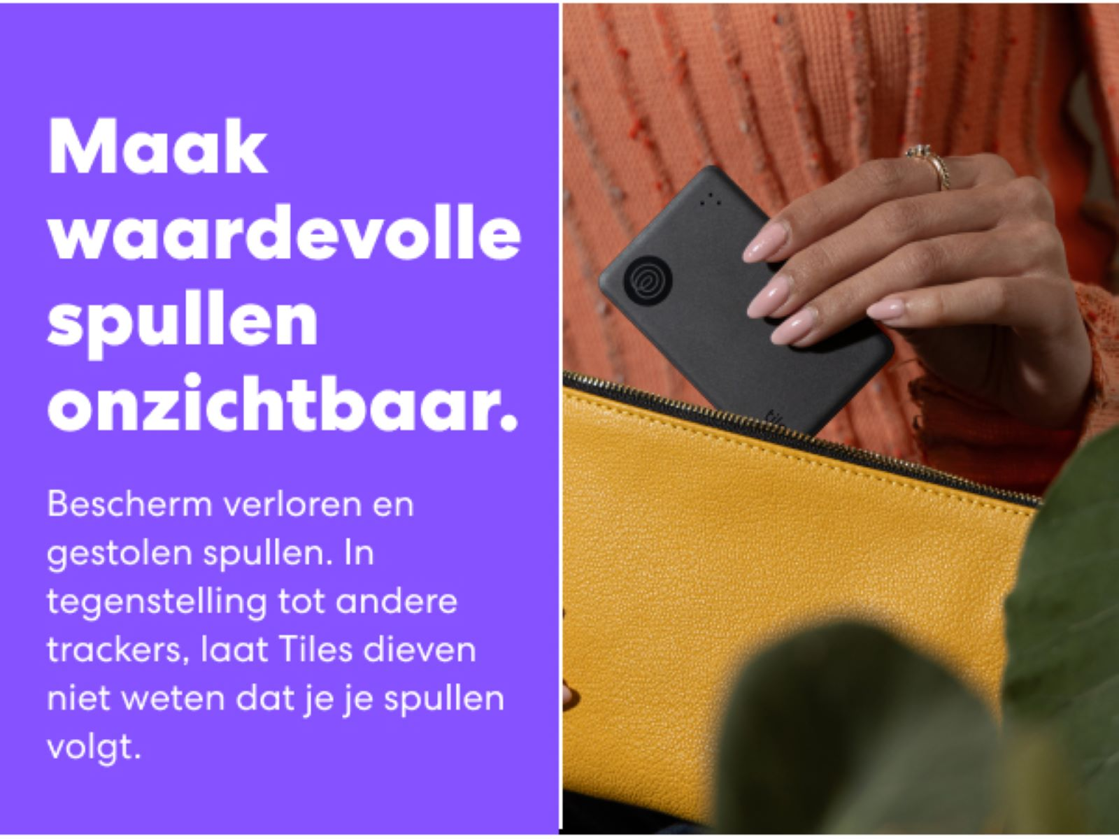 A person's hand holding a Tile tracker inside a purse. Text says 'Make valuables invisible'.