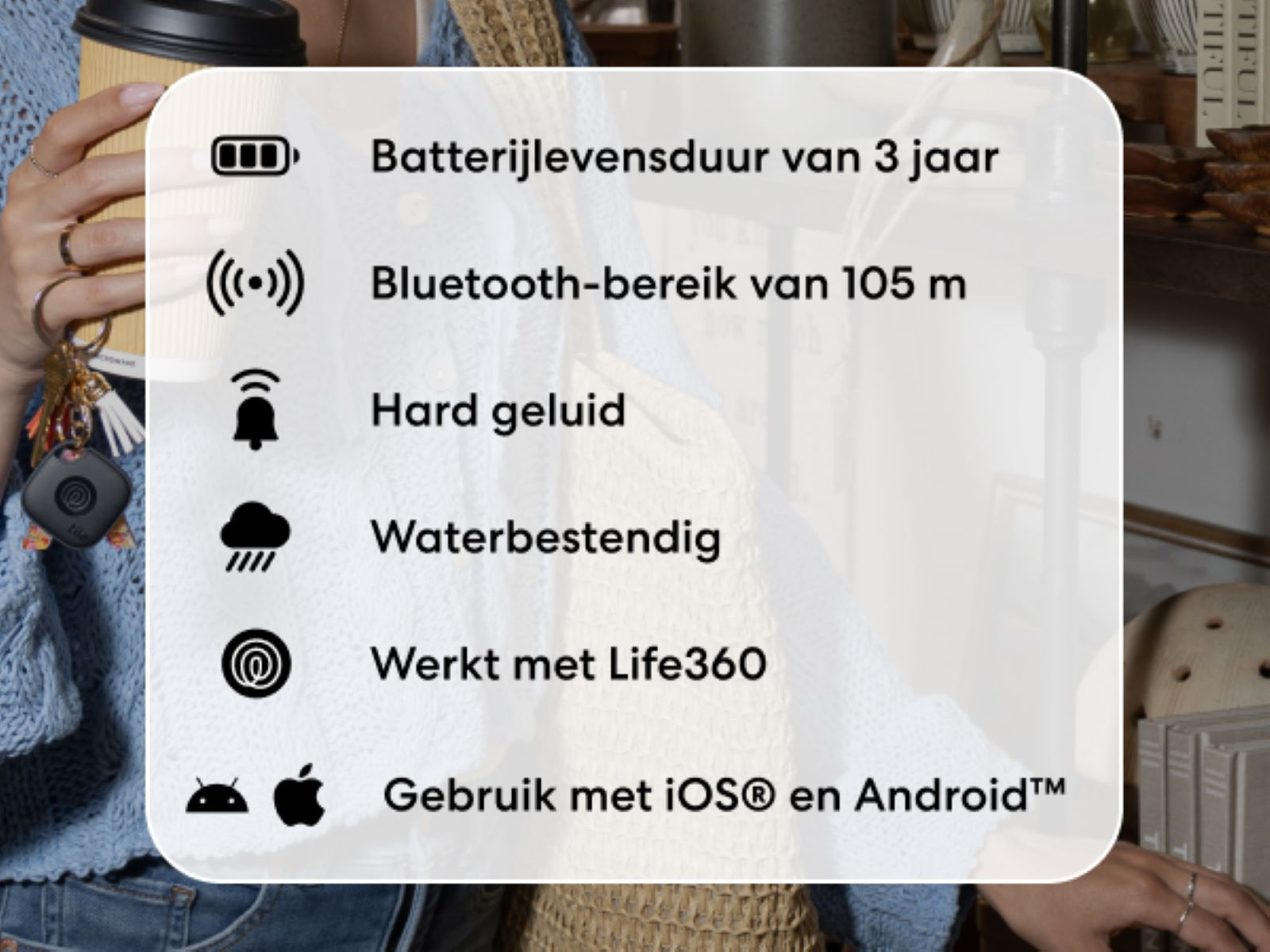 Image with text and icons showing features of a Tile tracker, including battery life and range.