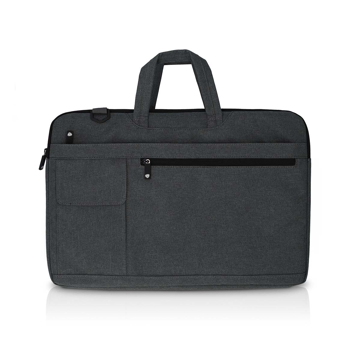 Una borsa per laptop grigio scuro con manico, tasca e cerniera.