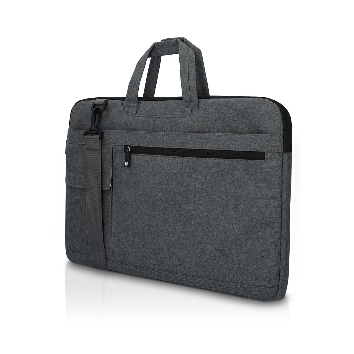 Una borsa grigia per laptop con manico e tracolla.