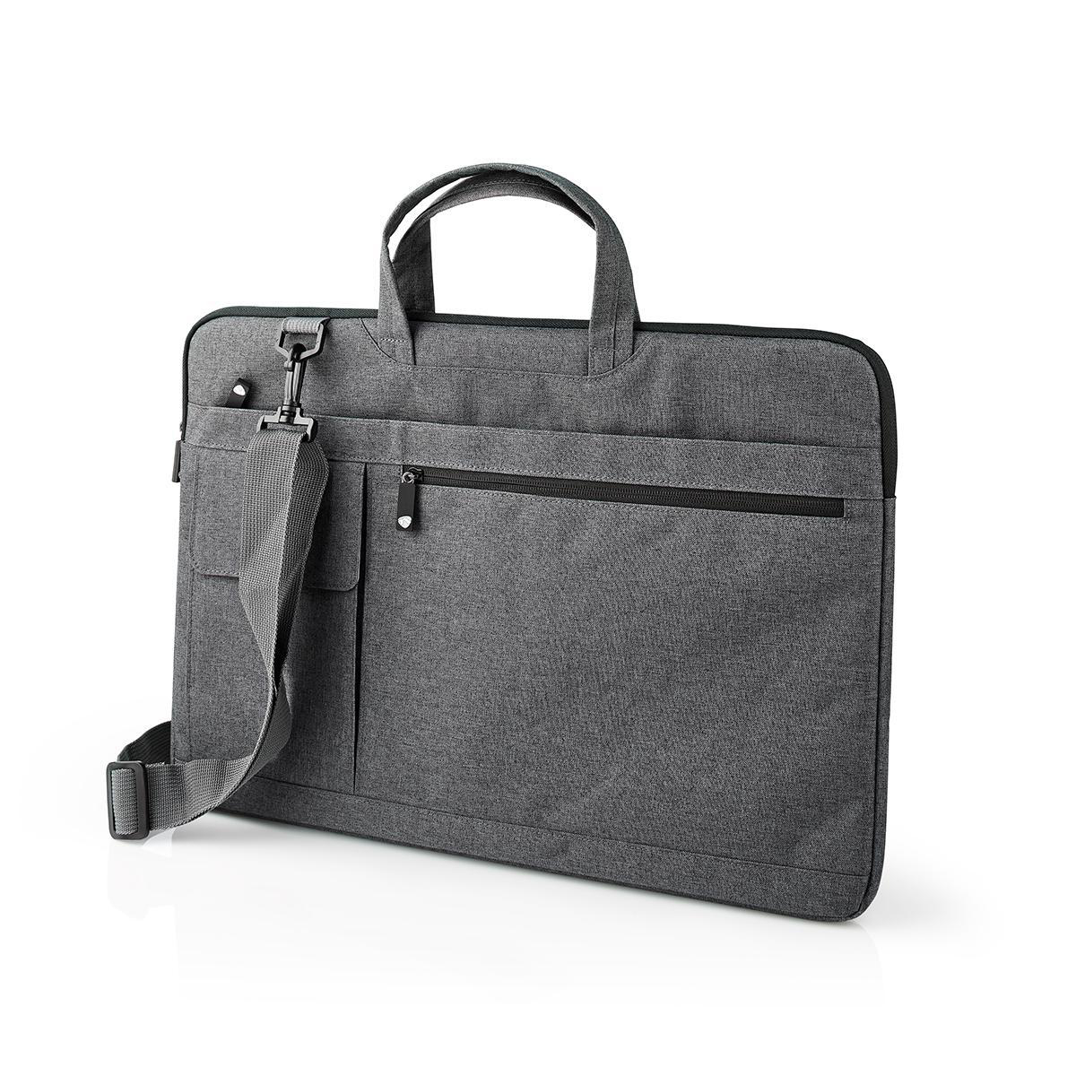 Una borsa grigia per laptop con manico, tracolla e tasca, isolata su sfondo bianco.