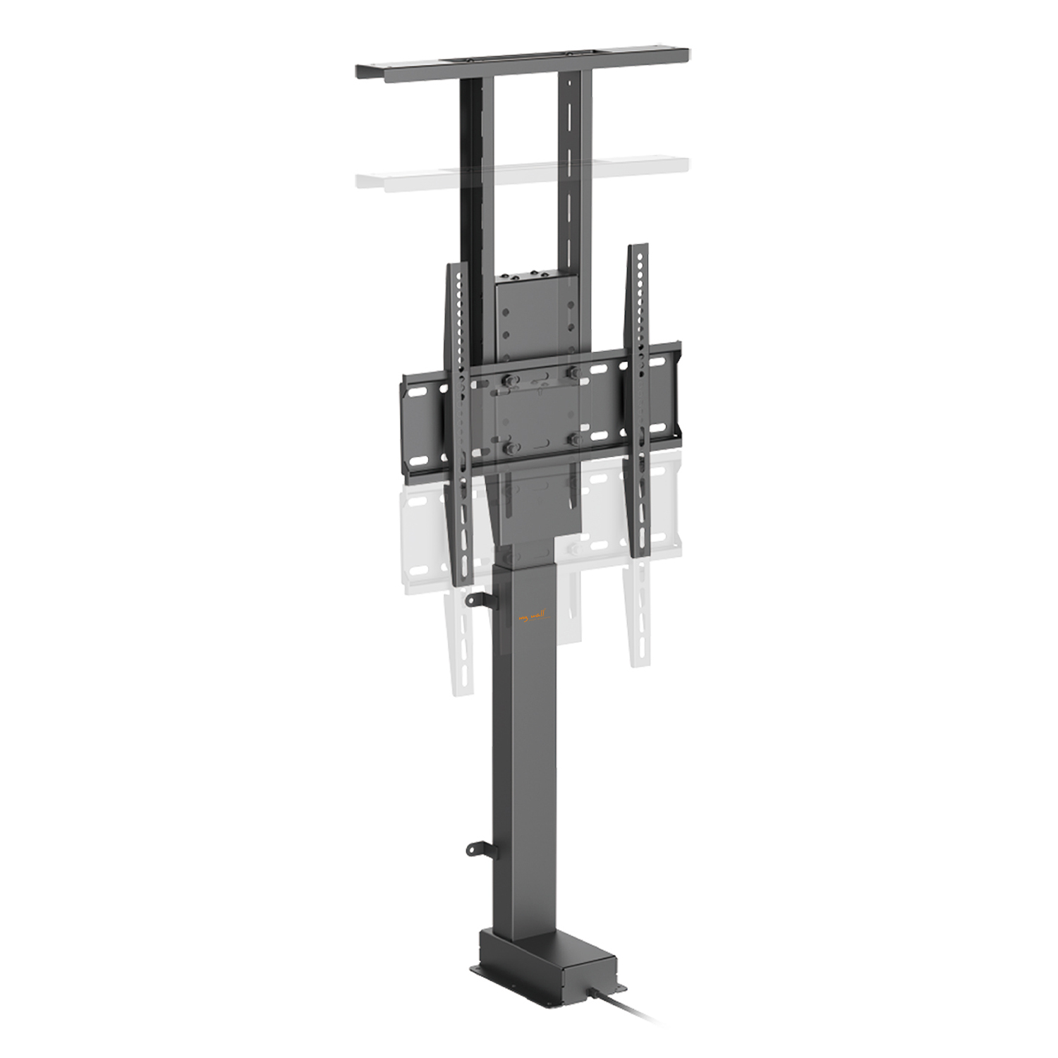 Un supporto per sollevamento TV nero con supporto TV, cavi e base.