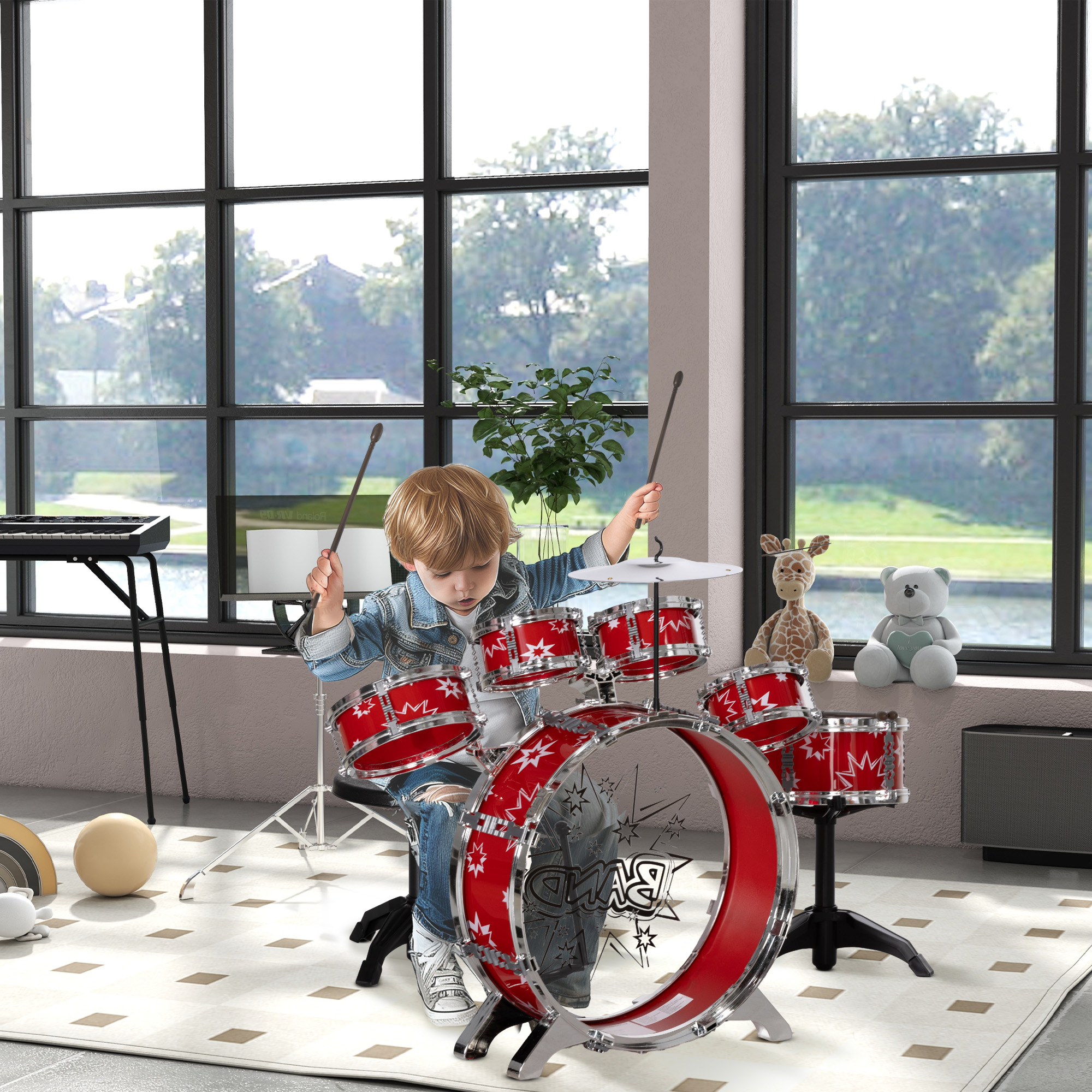 Un niño tocando una batería roja. Habitación luminosa con ventanas grandes y juguetes.
