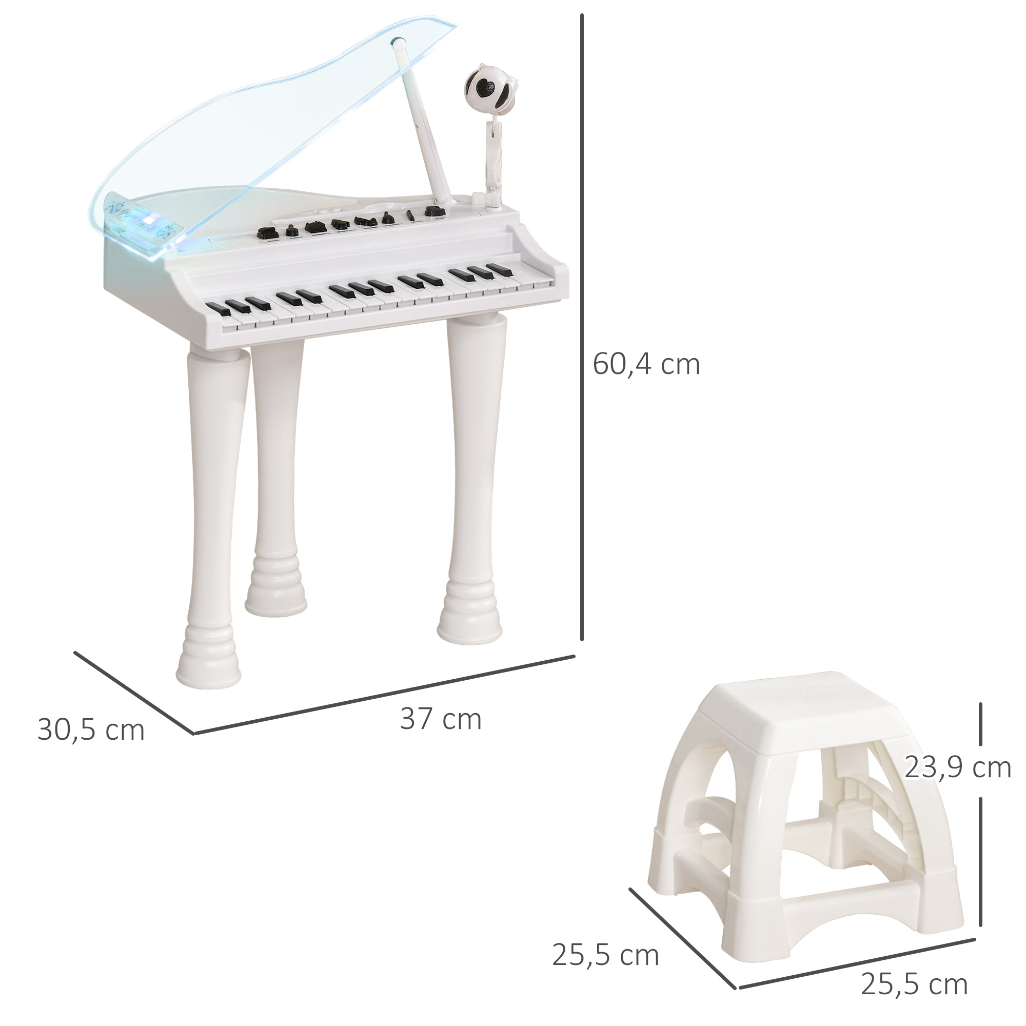 Piano de juguete blanco con taburete e indicaciones de dimensiones.