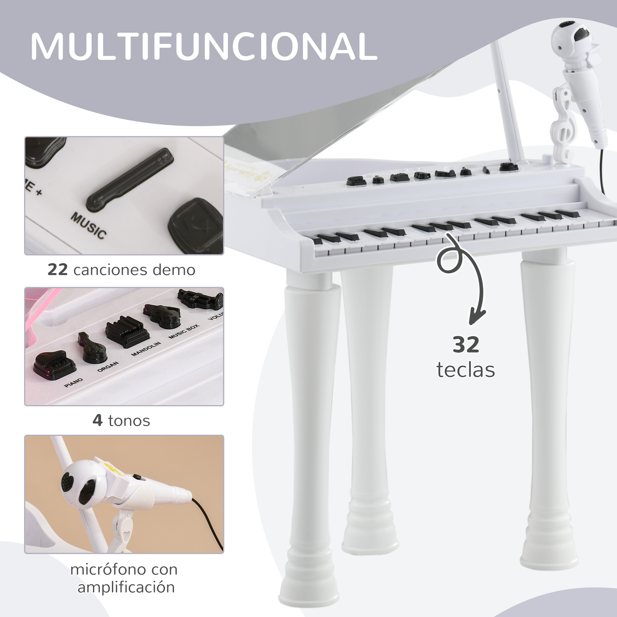 Piano de juguete blanco con teclas negras, un micrófono y etiquetas de música y sonidos.