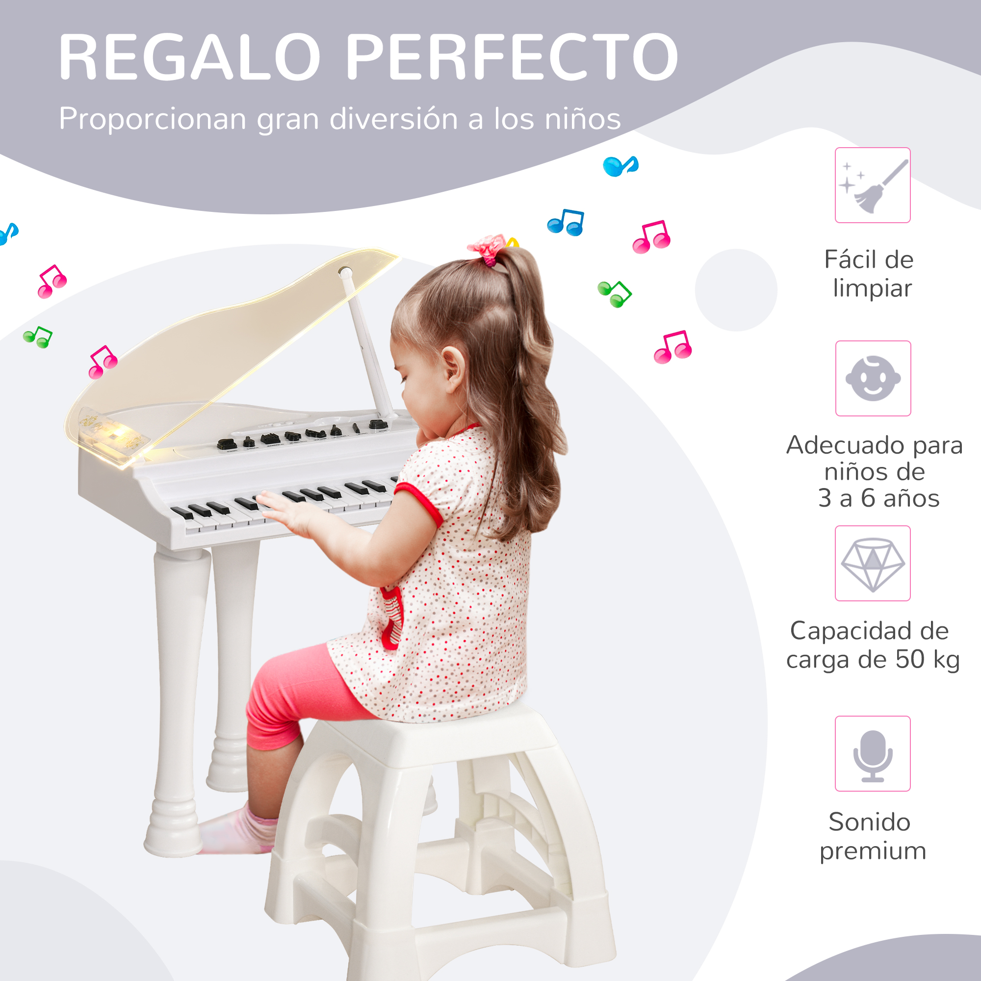 Una niña tocando un piano de juguete blanco, con texto sobre las características del piano.