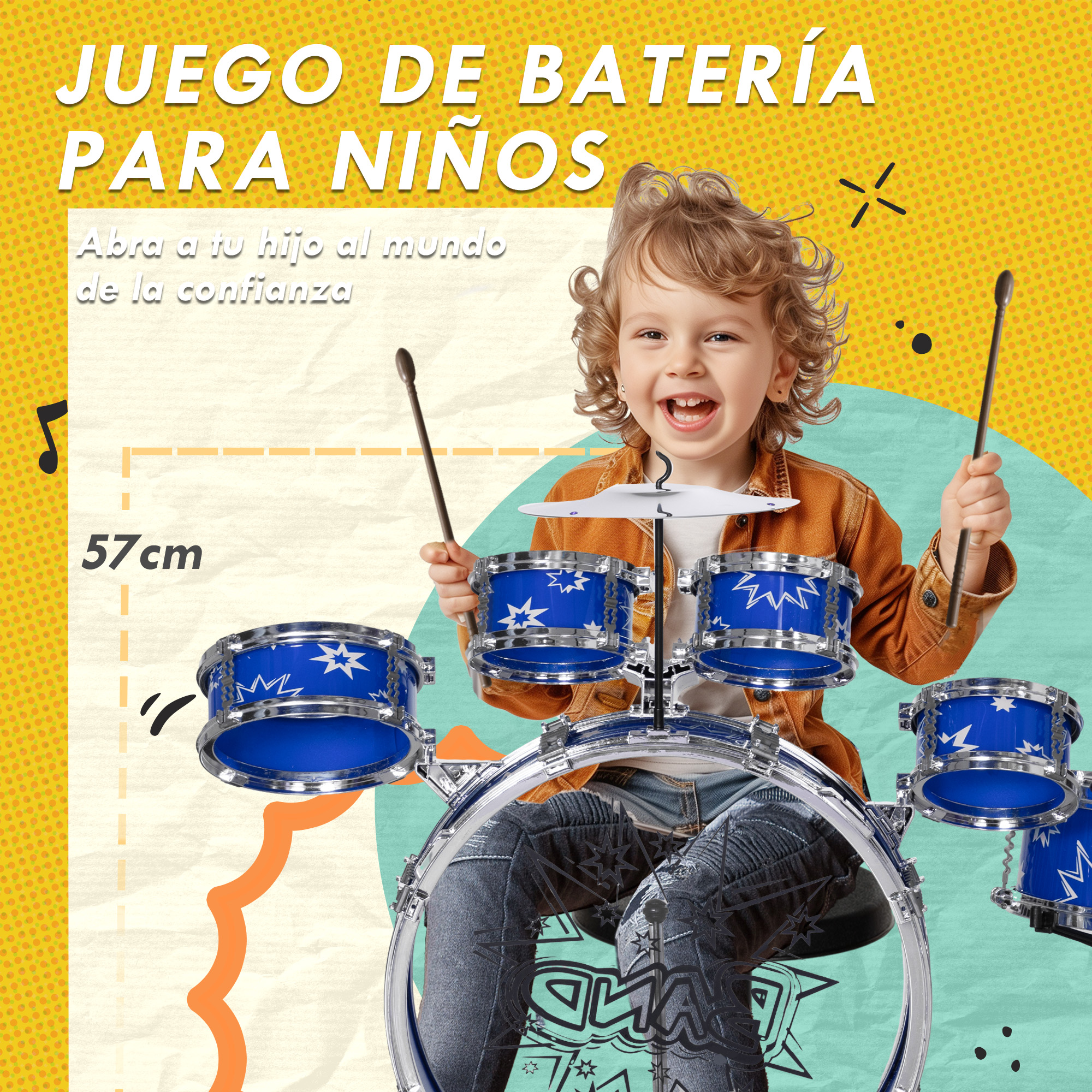Un niño toca una batería azul con baquetas. El juego está sobre un fondo amarillo con texto promocional.