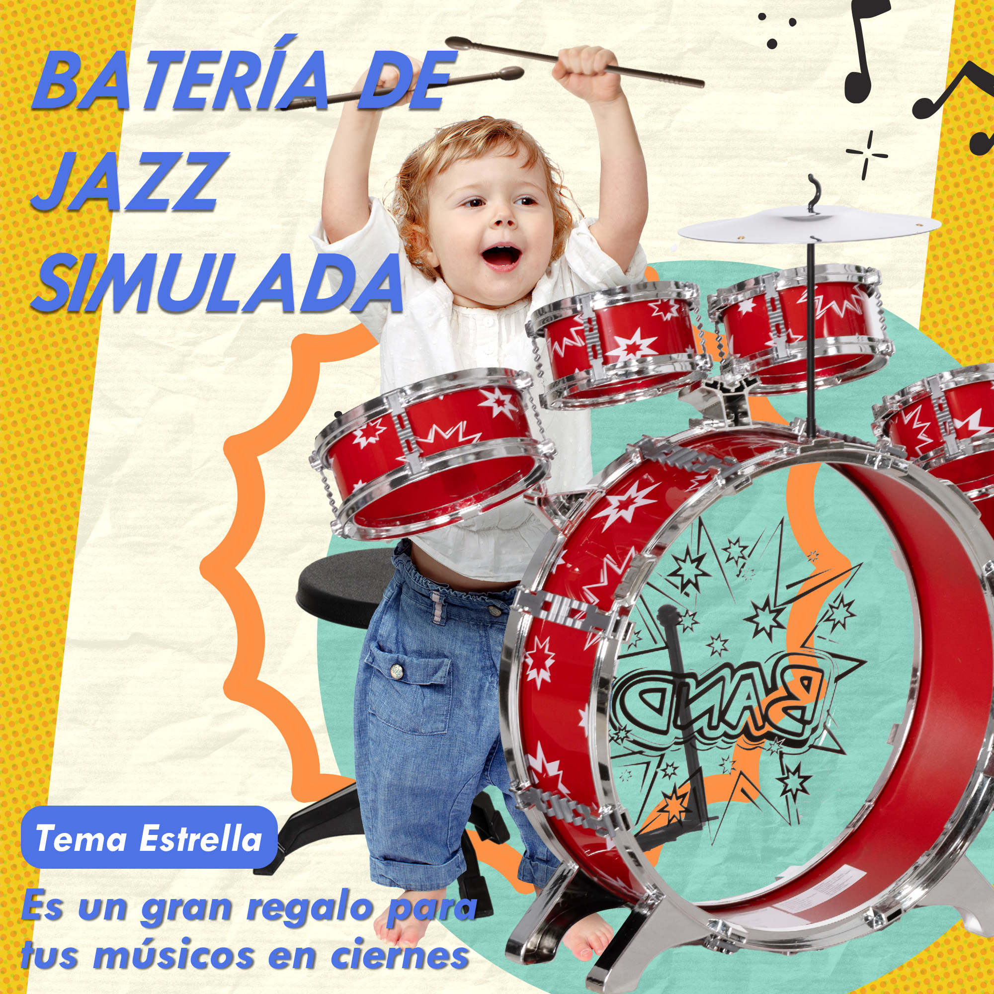 Un niño pequeño con una batería de juguete y baquetas. Está sonriendo y parece emocionado.