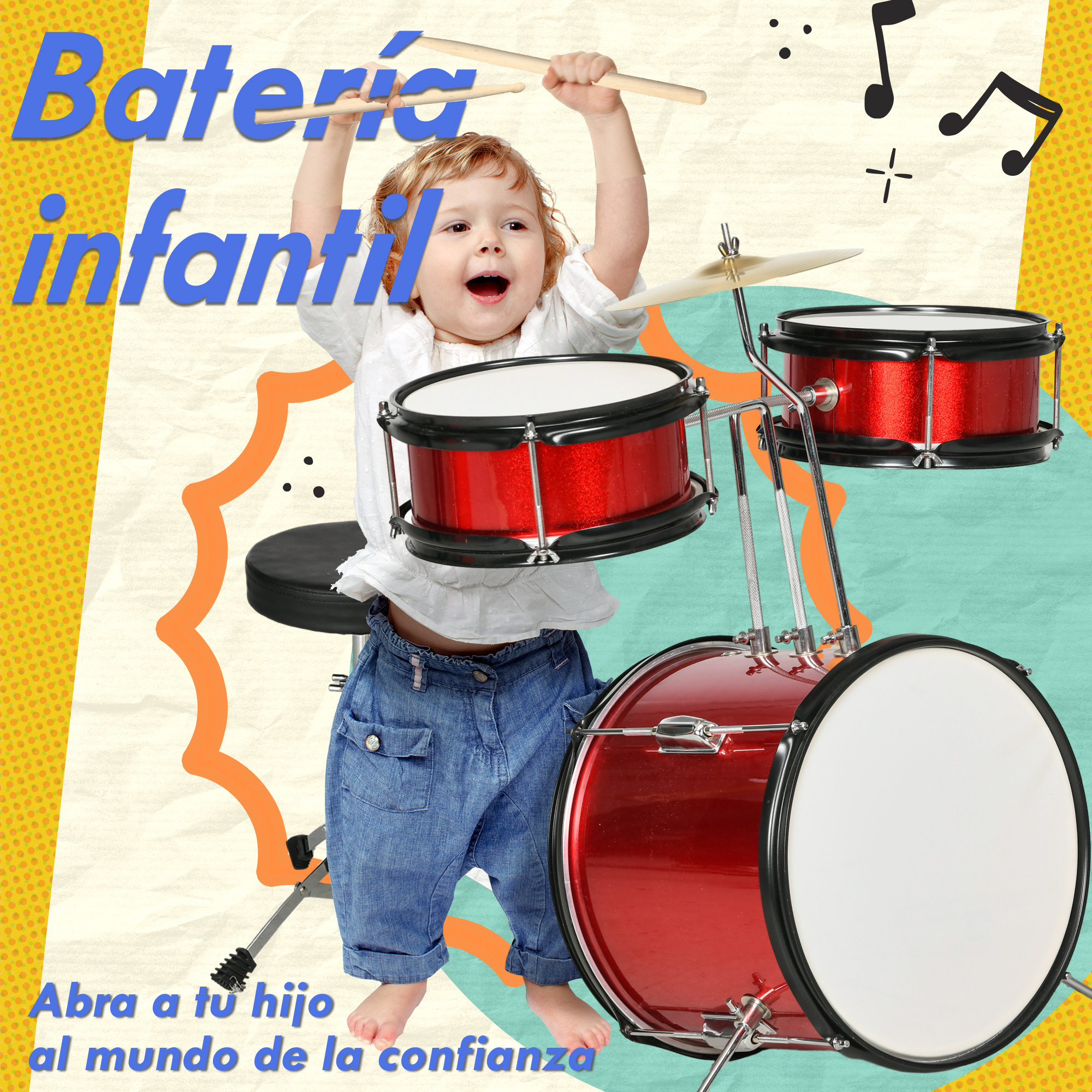 Un niño toca una batería roja. El texto dice: abre a tu hijo a la confianza.