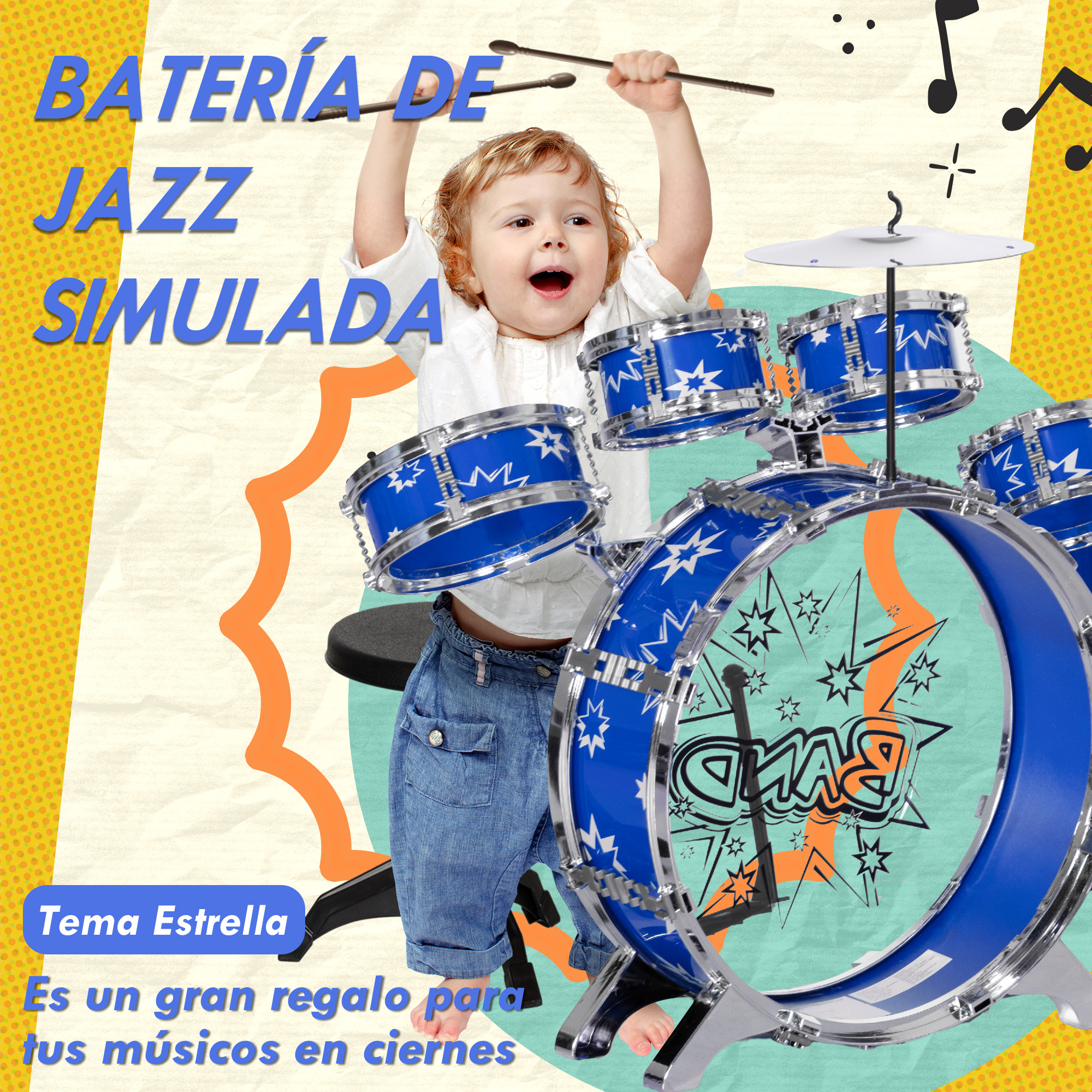 Un niño tocando una batería de juguete azul, con texto en español.